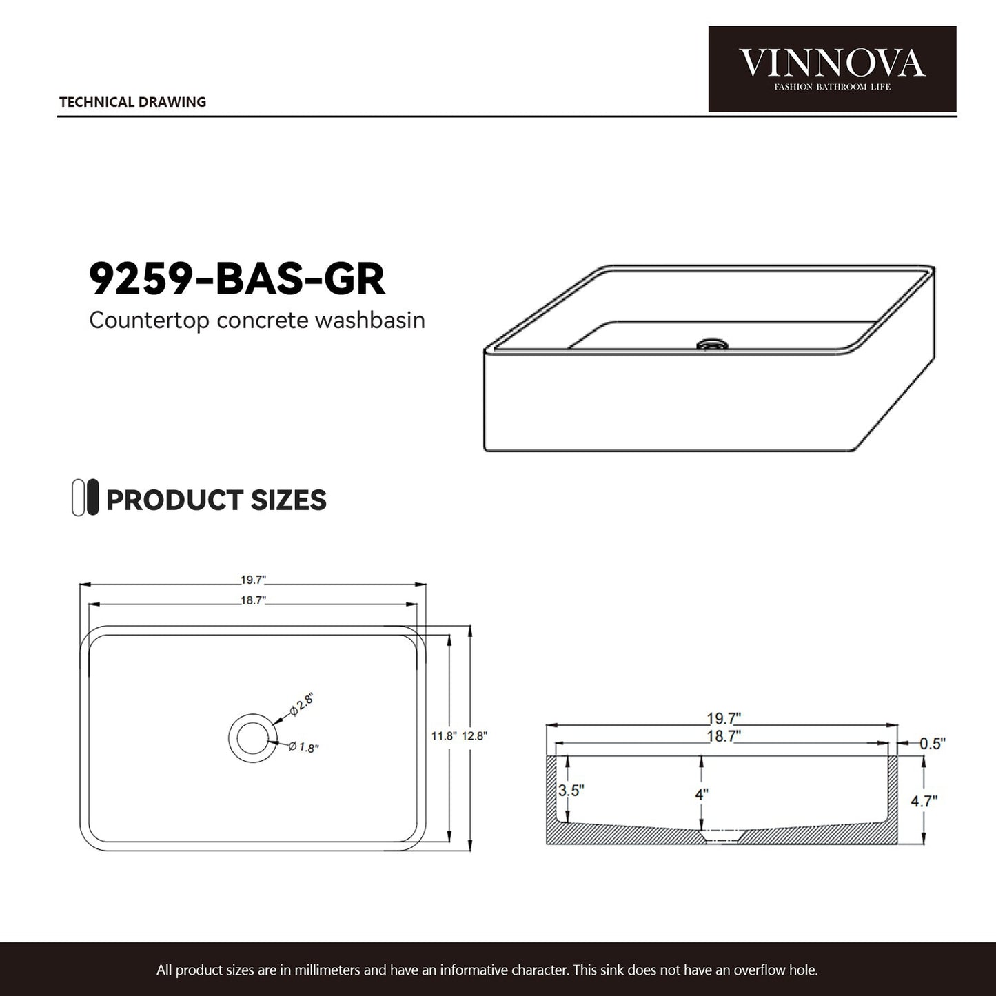 Vinnova Avila 20" Grey Concrete Rectangular Vessel Bathroom Sink