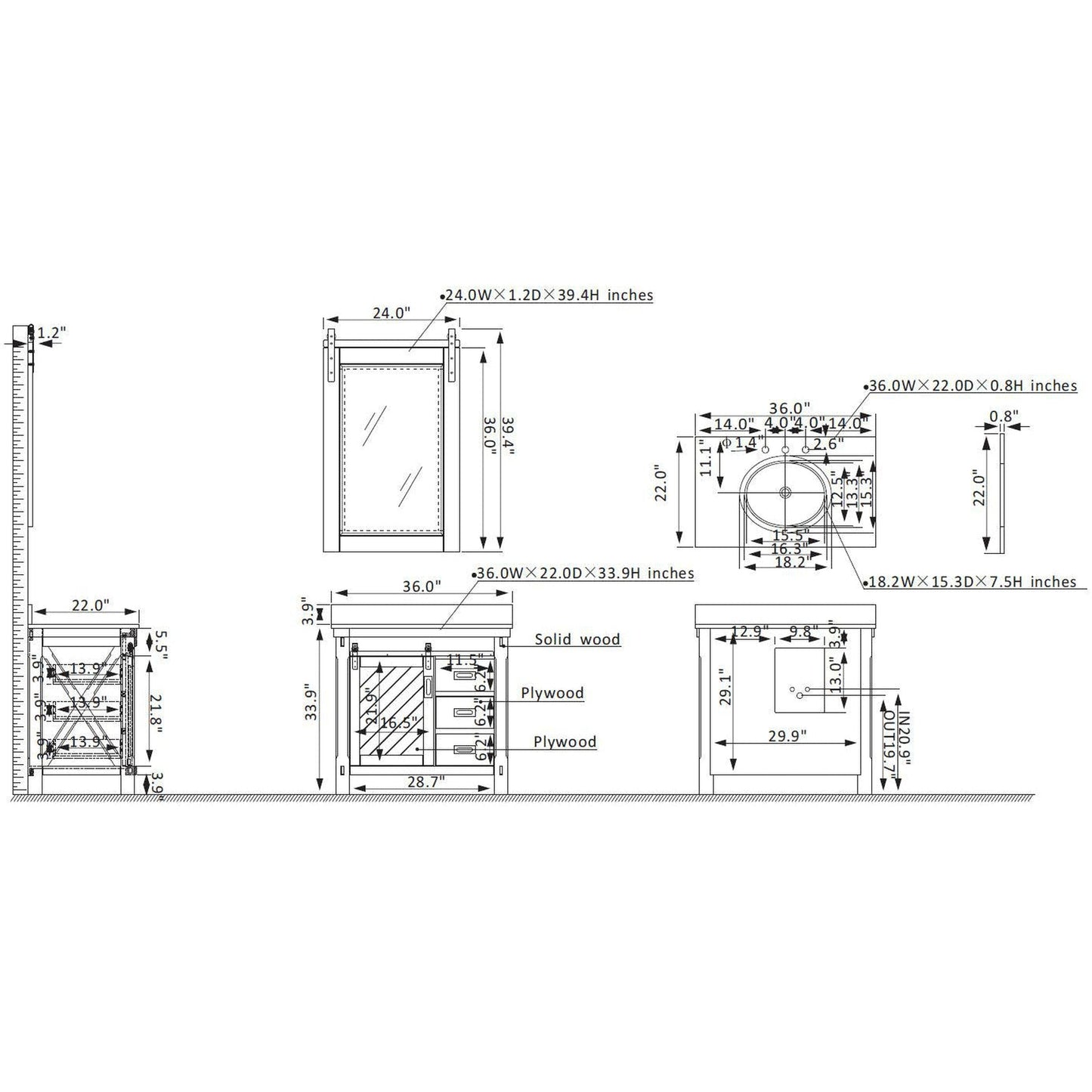 Vinnova Cortes 36" Single Sink Bath Vanity In Classical Grey Finish With White Composite Countertop And Mirror