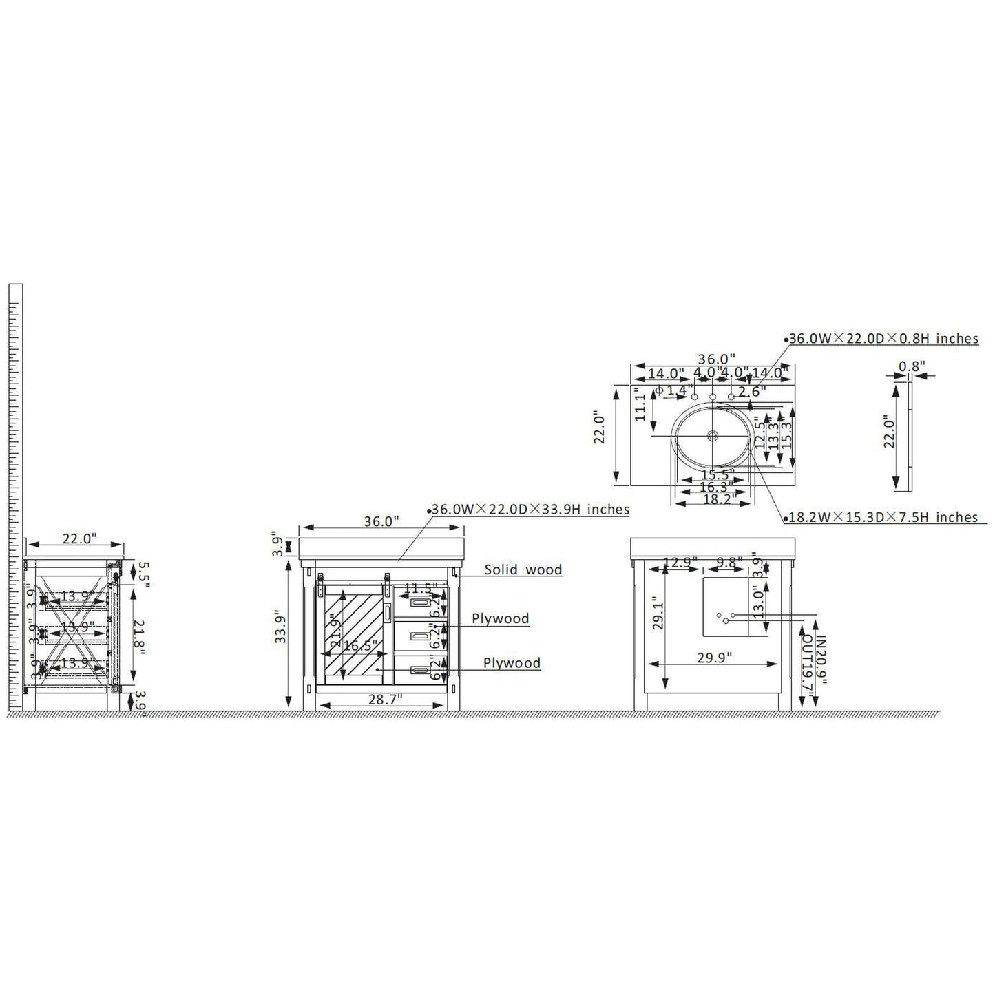 Vinnova Cortes 36" Single Sink Bath Vanity In Weathered Pine Finish With White Composite Countertop