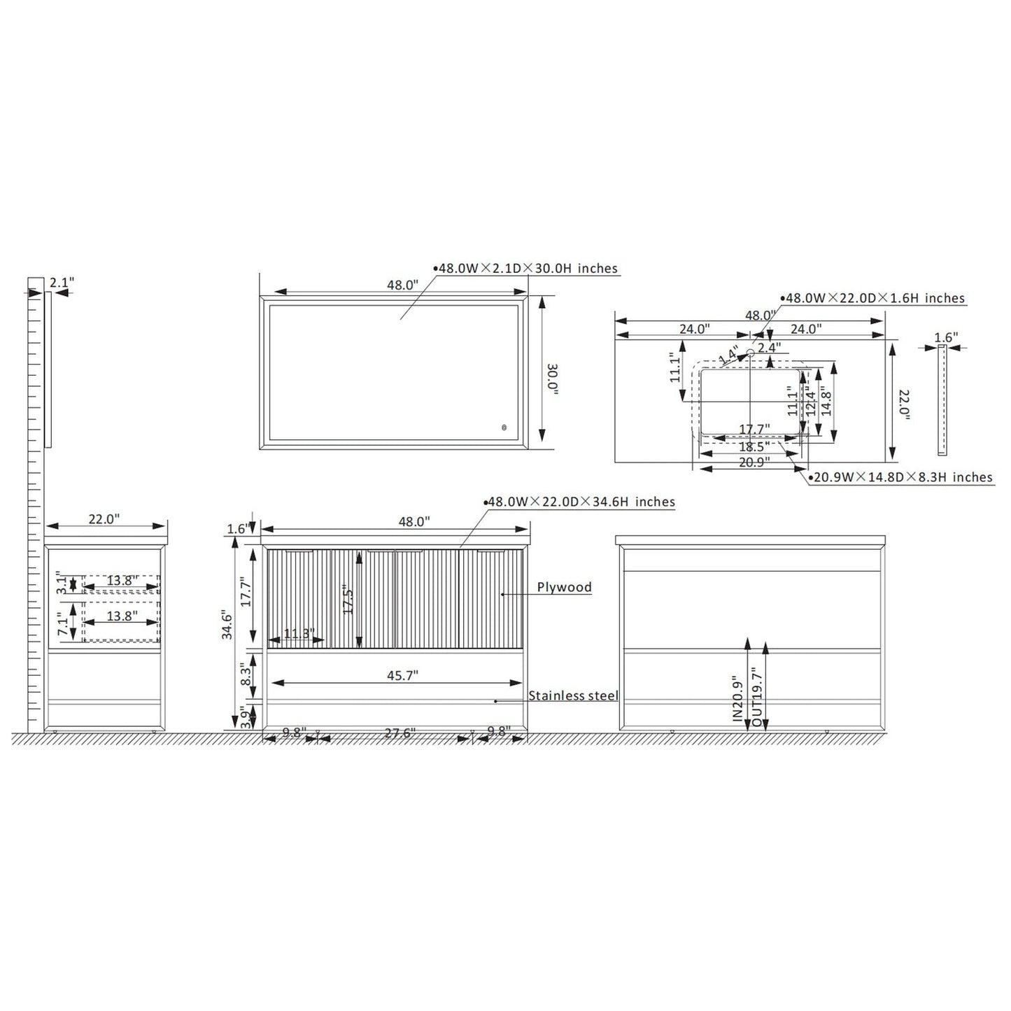 Vinnova Donostia 48" Single Vanity In North American Light Walnut Finish With Grey Composite Armani Limestone Board Stone Countertop With Mirror