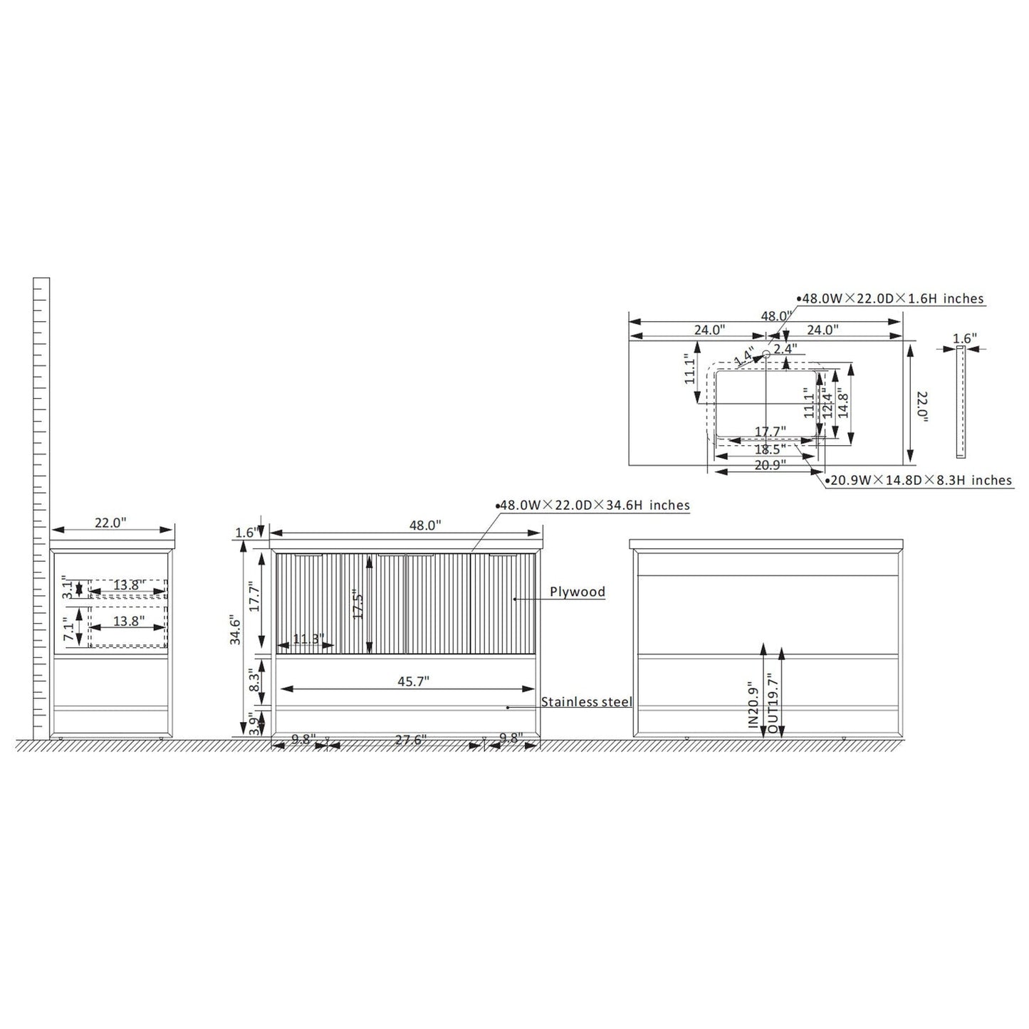 Vinnova Donostia 48" Single Vanity In North American Light Walnut Finish With Grey Composite Armani Limestone Board Stone Countertop Without Mirror