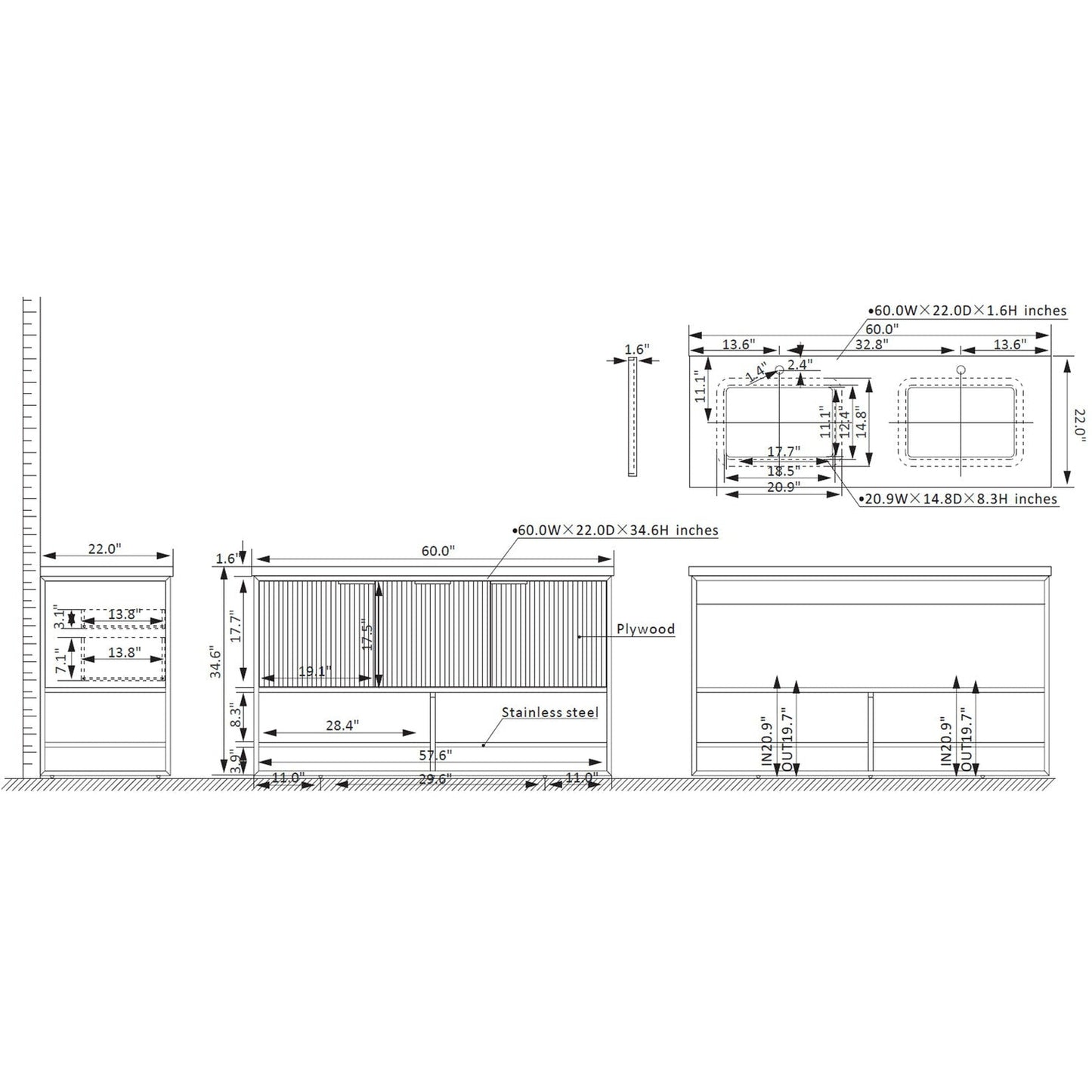 Vinnova Donostia 60" Double Vanity In North American Light Walnut Finish With Grey Composite Armani Limestone Board Stone Countertop Without Mirror