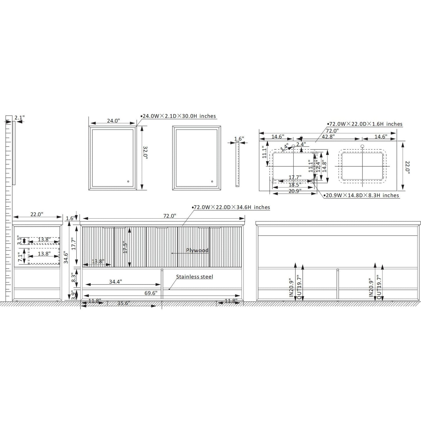 Vinnova Donostia 72" Double Vanity In North American Light Walnut Finish With Grey Composite Armani Limestone Board Stone Countertop With Mirror