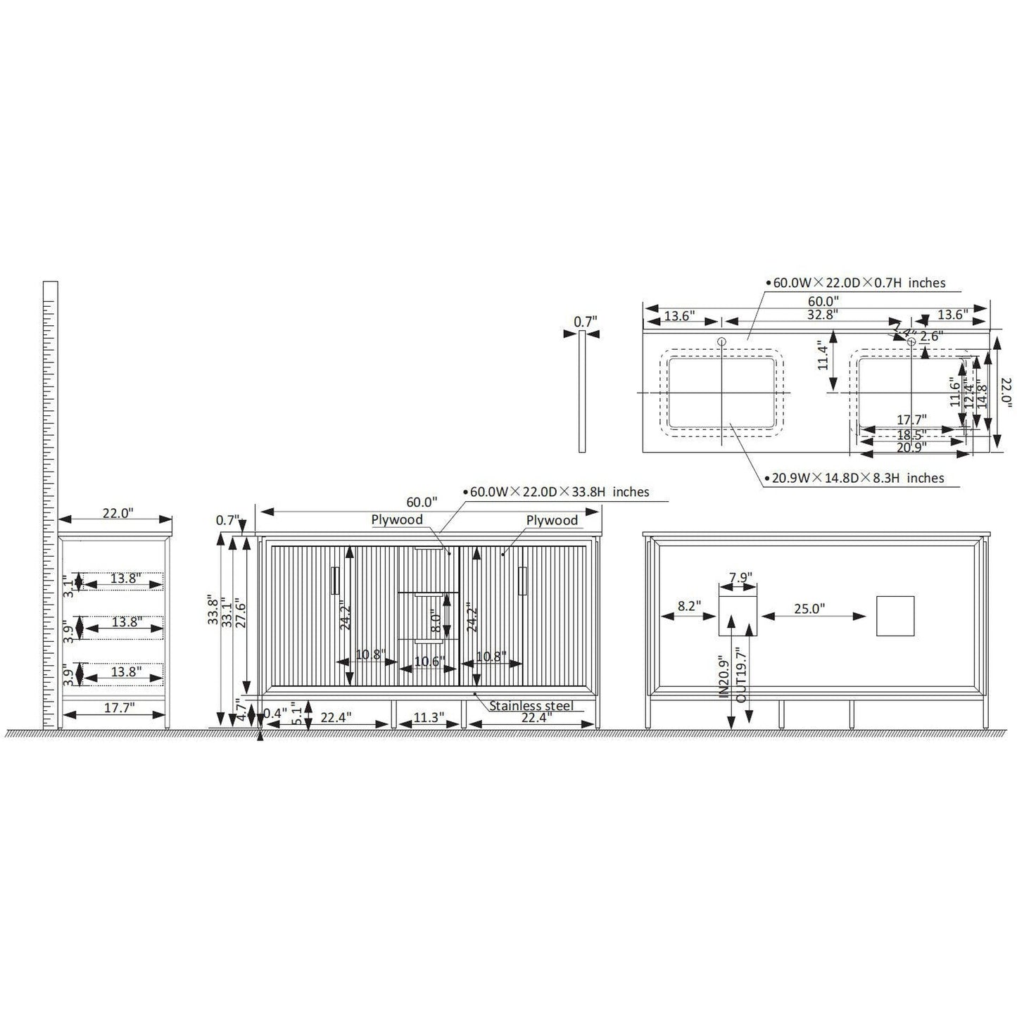 Vinnova Granada 60" Double Vanity In Royal Blue With White Composite Grain Stone Countertop