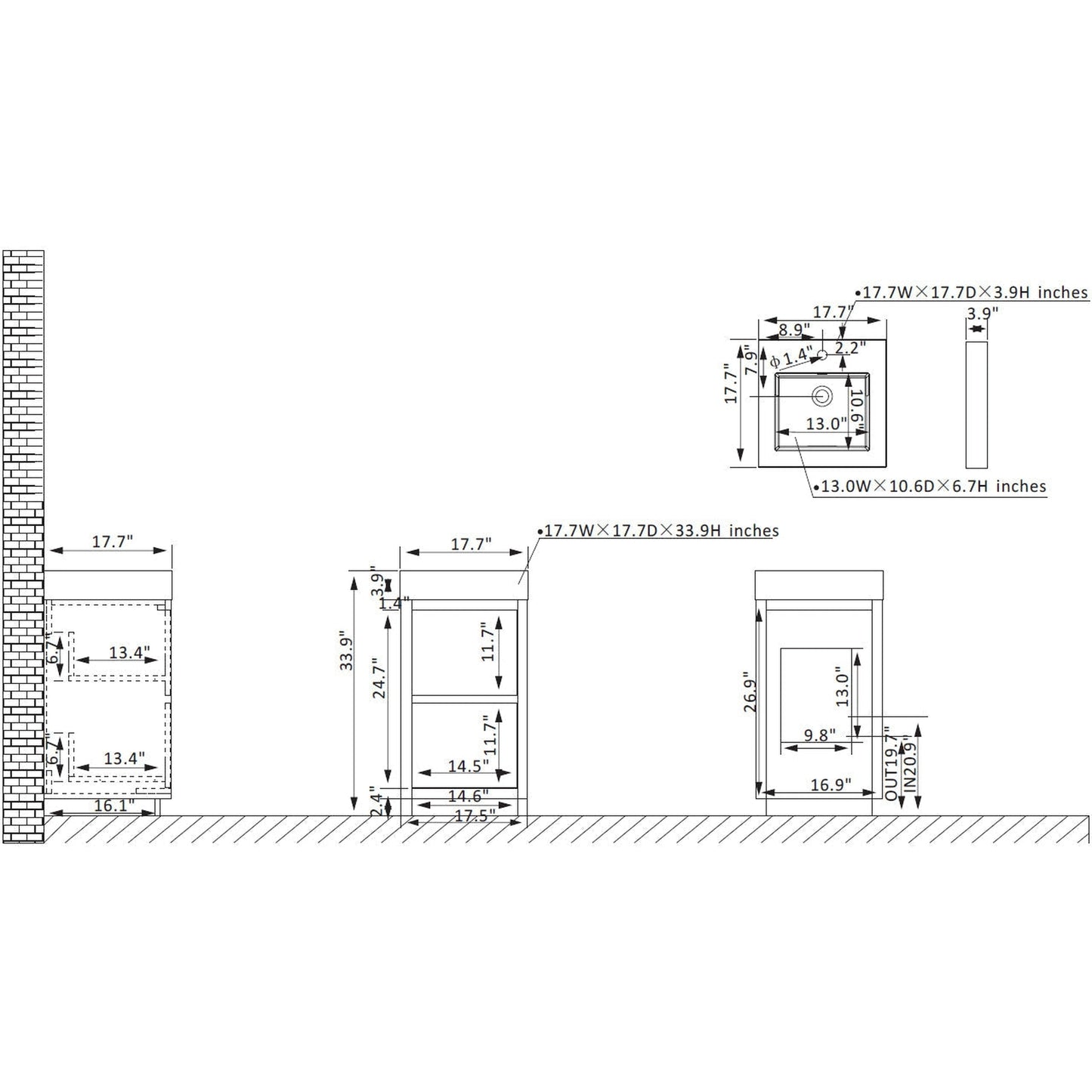 Vinnova Huesca 18" Single Sink Bath Vanity In North American Oak With White Composite Integral Square Sink Top And Mirror