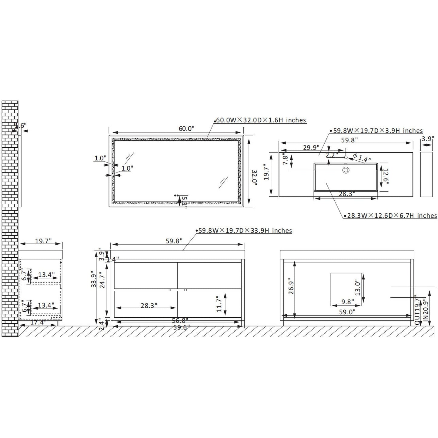 Vinnova Huesca 60" Single Sink Bath Vanity In North Carolina Oak With Grey Composite Integral Square Sink Top And Mirror