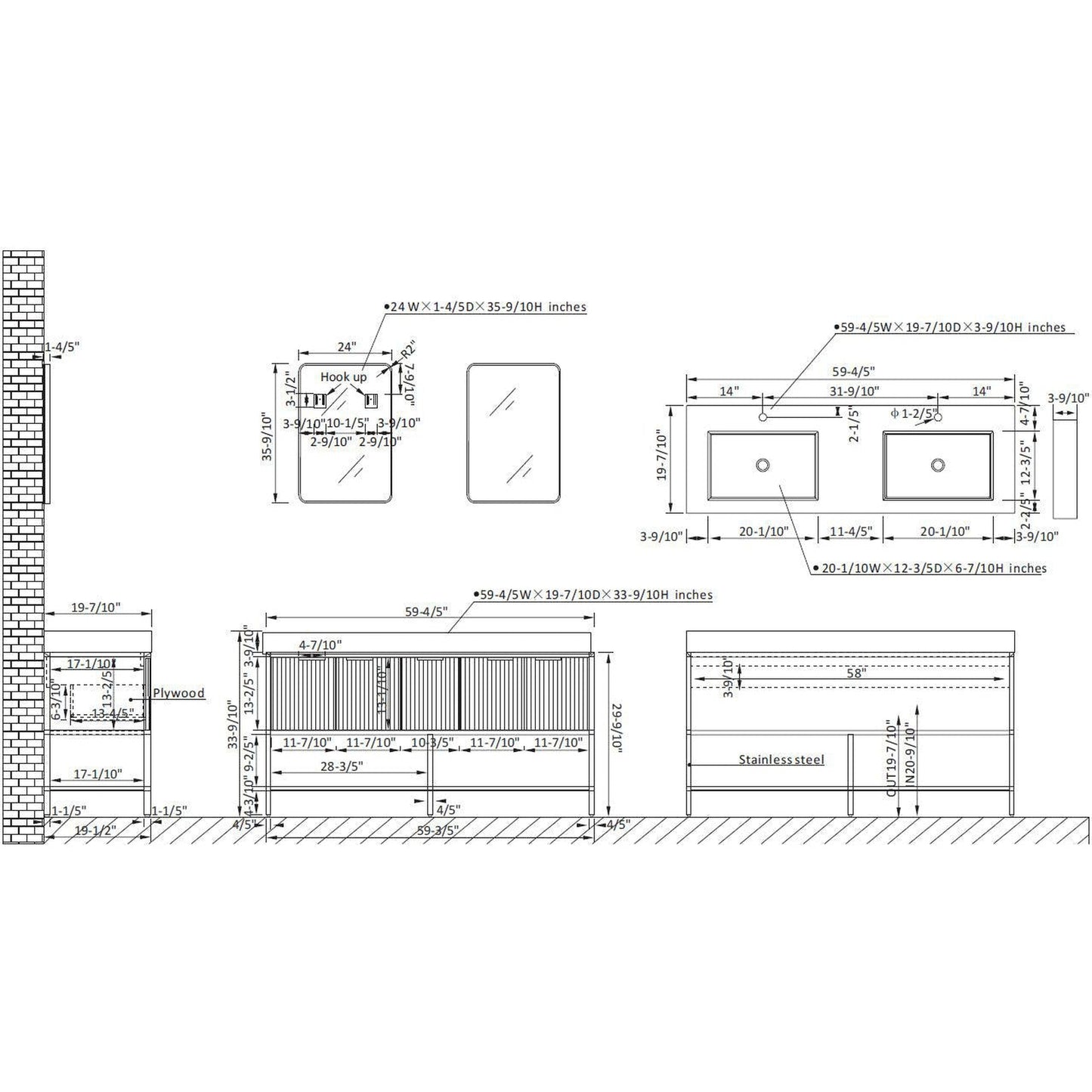 Vinnova Marcilla 60" Double Sink Bath Vanity In White With One-Piece Composite Stone Sink Top