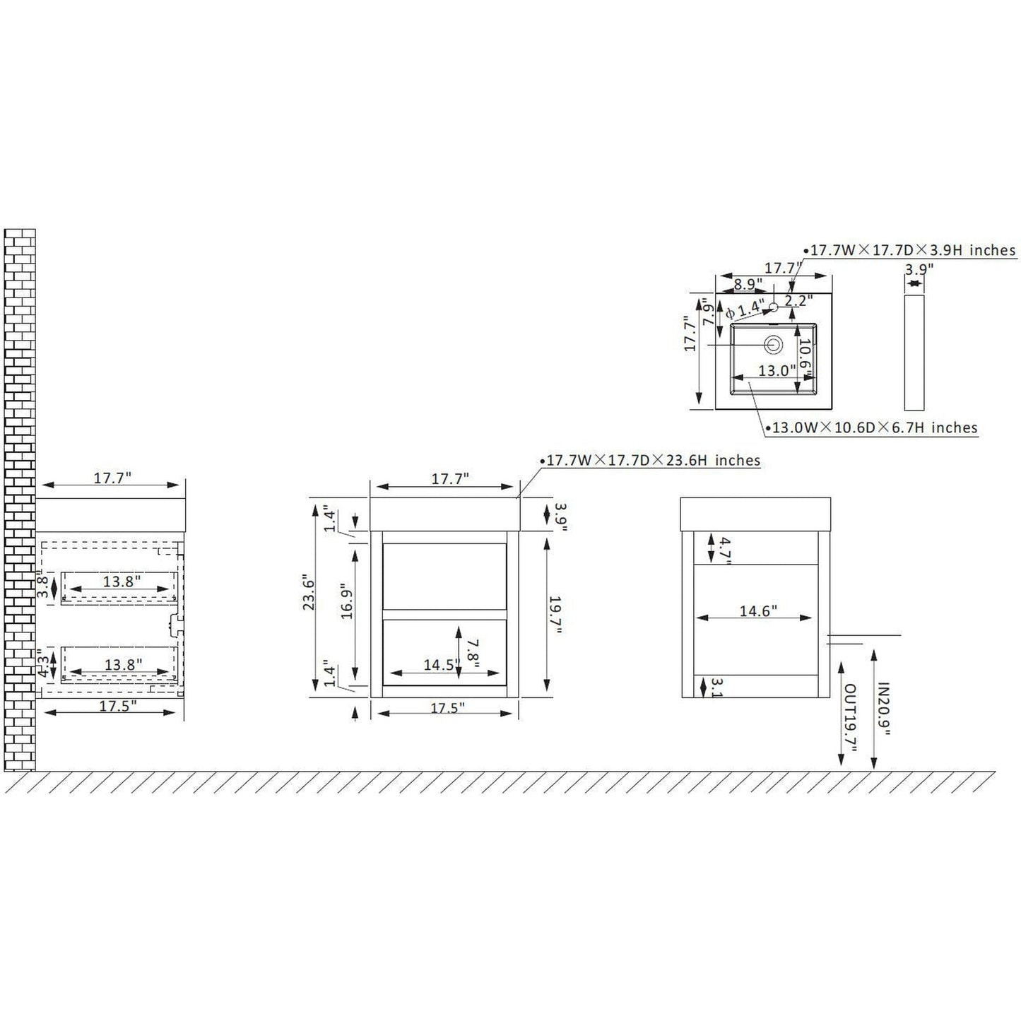 Vinnova Palencia 18" Single Sink Wall-Mount Bath Vanity In North Carolina Oak With Grey Composite Integral Square Sink Top