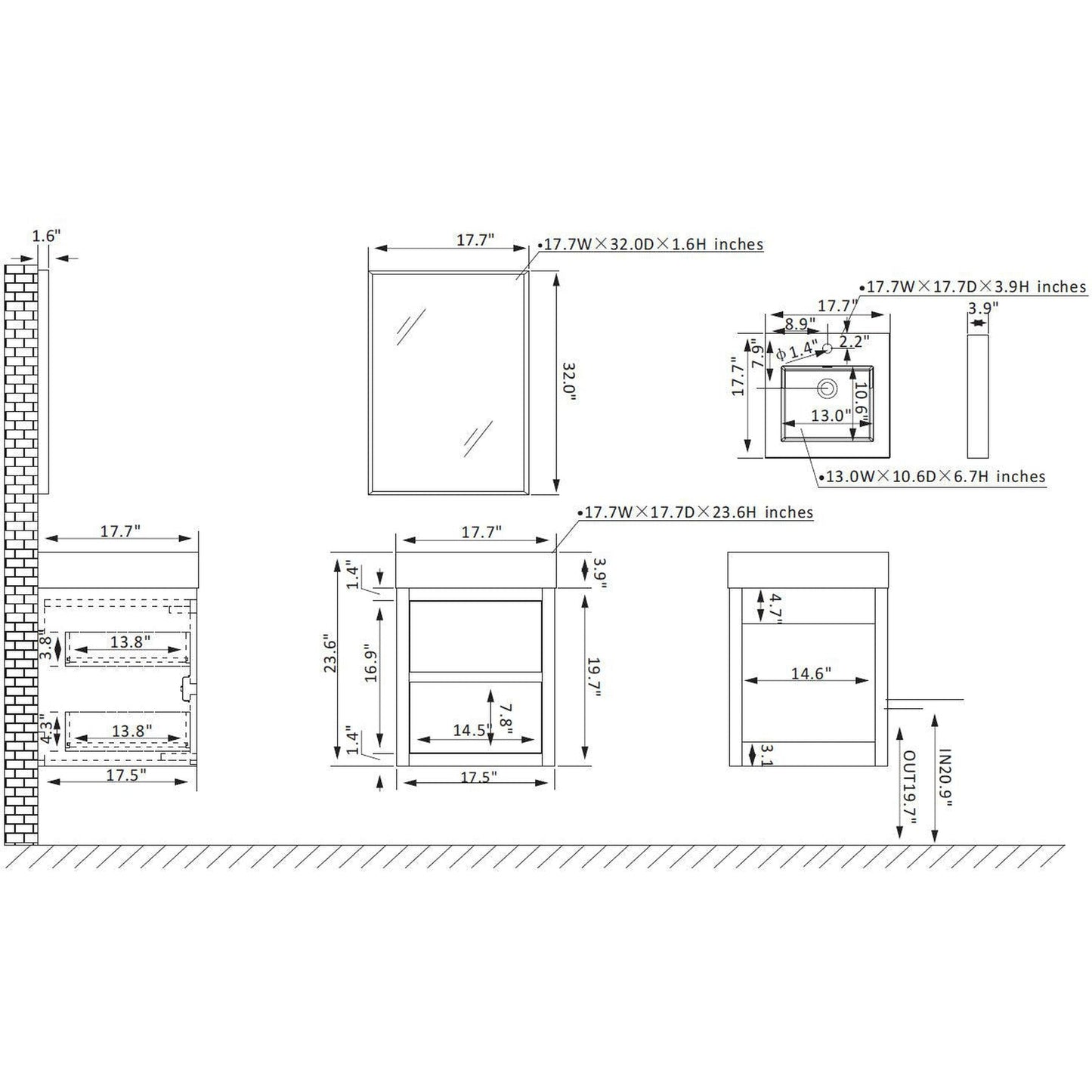 Vinnova Palencia 18" Single Sink Wall-Mount Bath Vanity In North Carolina Oak With Grey Composite Integral Square Sink Top And Mirror