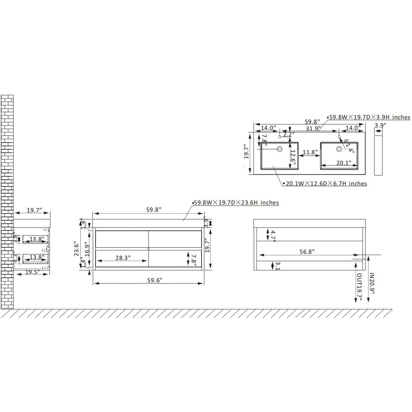 Vinnova Palencia 60" Double Sink Wall-Mount Bath Vanity In North Carolina Oak With Grey Composite Integral Square Sink Top