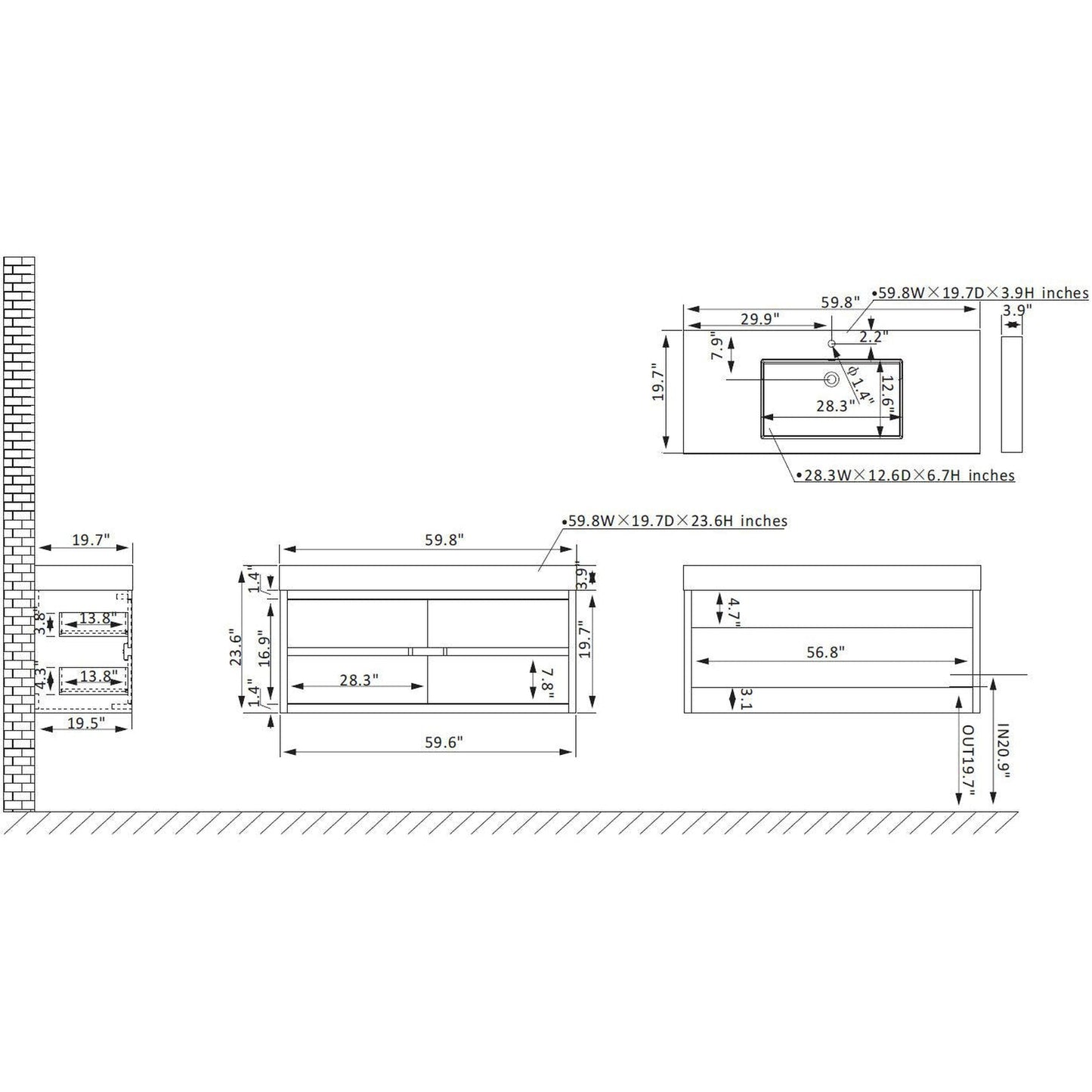 Vinnova Palencia 60" Single Sink Wall-Mount Bath Vanity In North Carolina Oak With Grey Composite Integral Square Sink Top