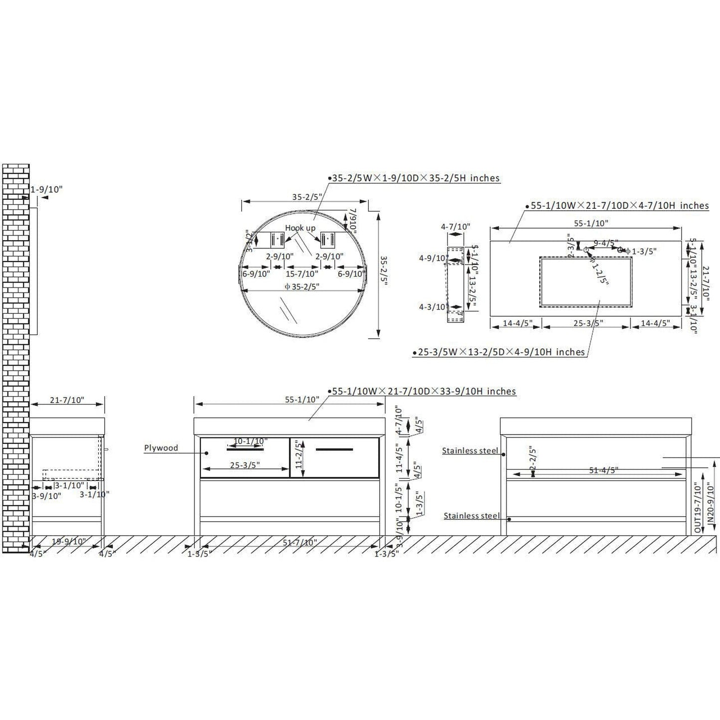 Vinnova Segovia 55" Single Sink Bath Vanity In Suleiman Oak Finish With Black Sintered Stone Top And Mirror