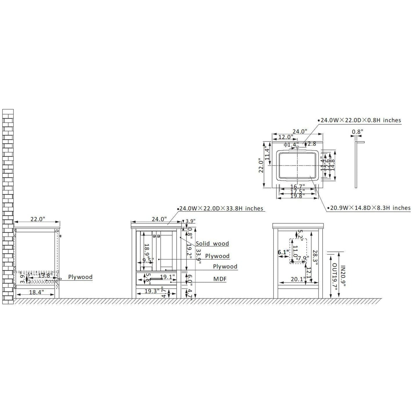 Vinnova Shannon 24" Single Vanity In White And Composite White Carrara Stone Countertop