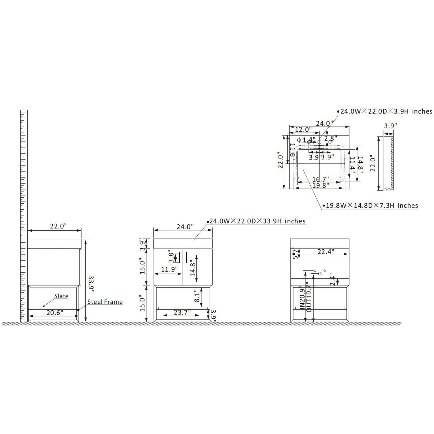 Vinnova Toledo 24" Single Sink Bath Vanity In Dark Walnut Finish With White Sintered Stone Top