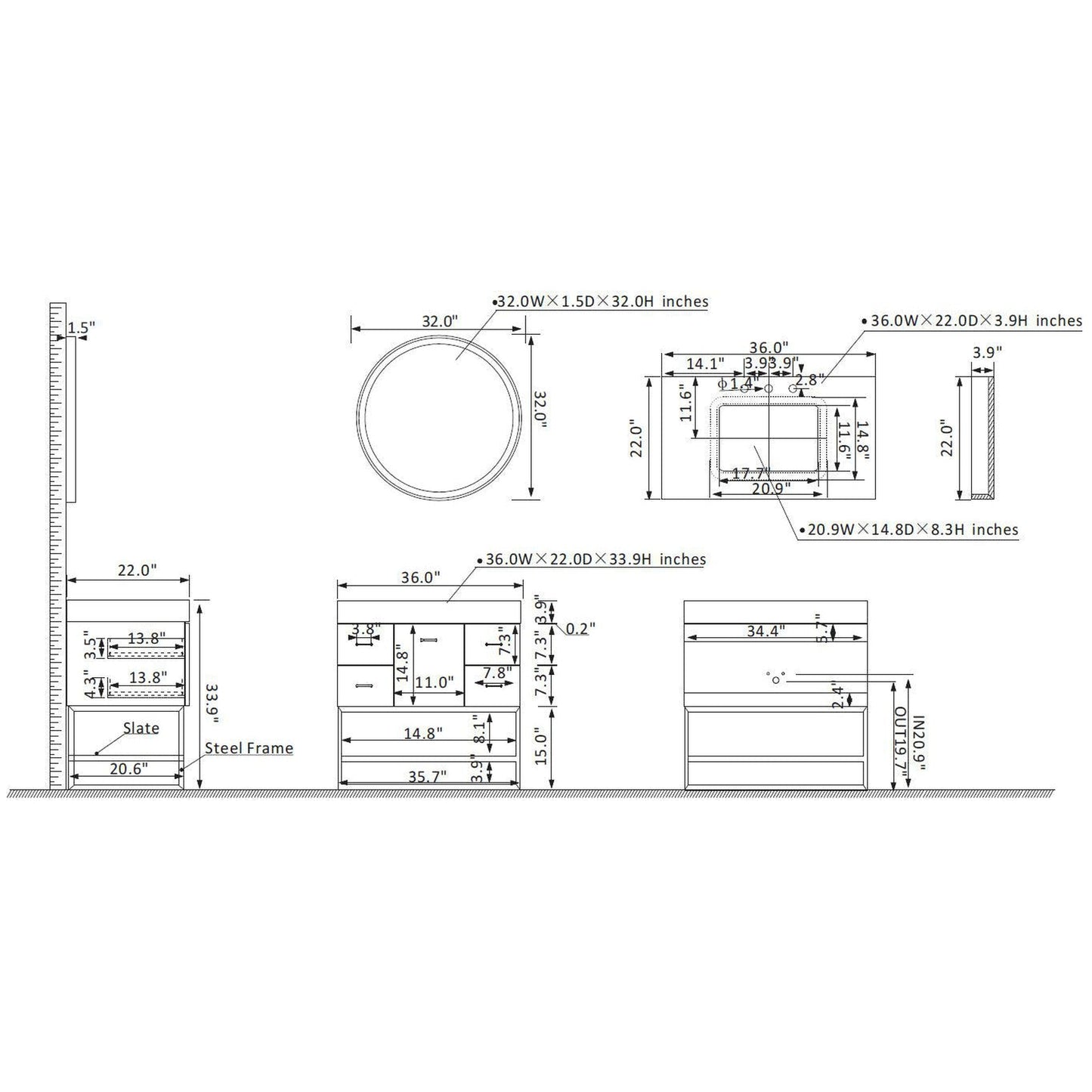 Vinnova Toledo 36" Single Sink Bath Vanity In Light Walnut Finish With White Sintered Stone Top And Mirror