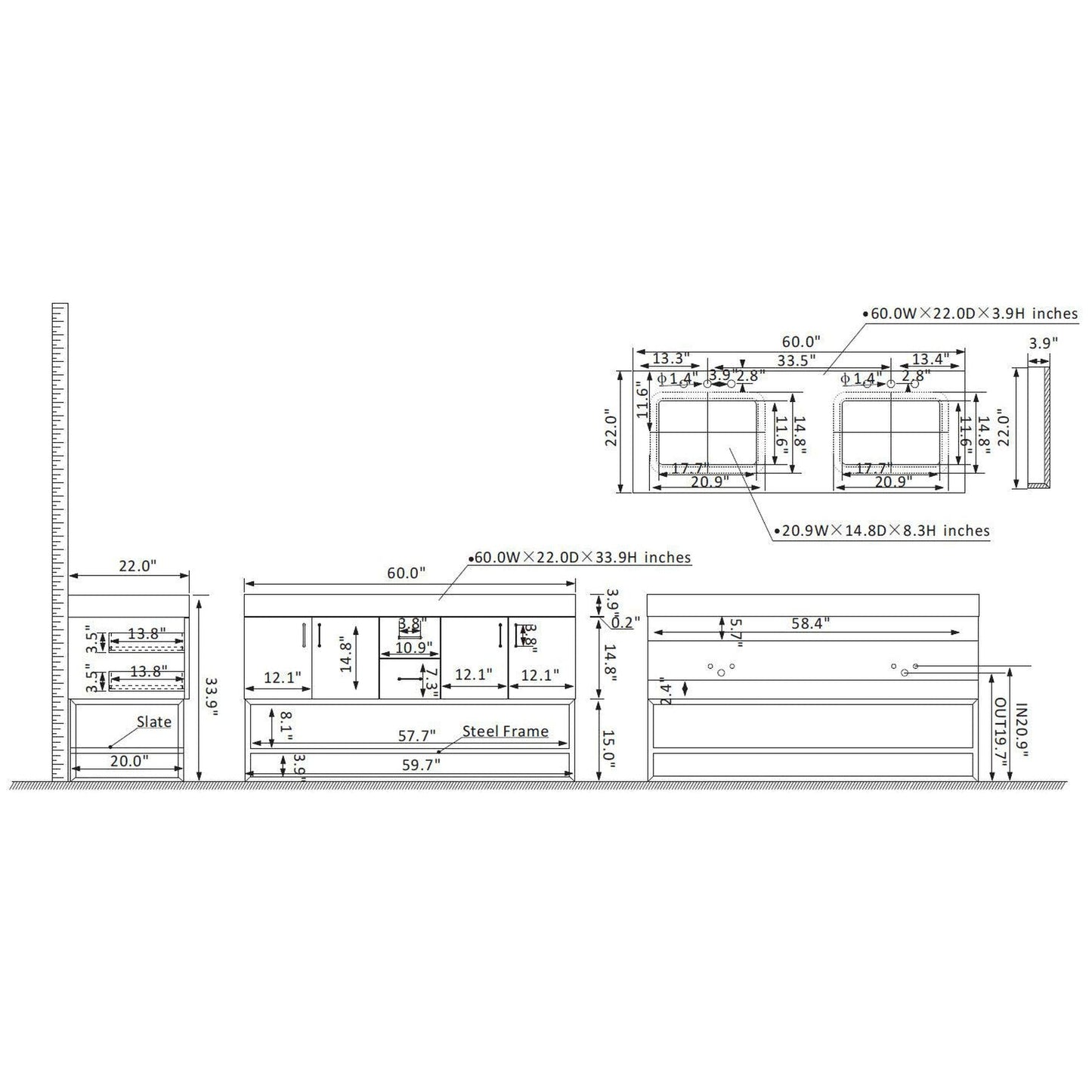 Vinnova Toledo 60" Double Sink Bath Vanity In Light Walnut Finish With White Sintered Stone Top