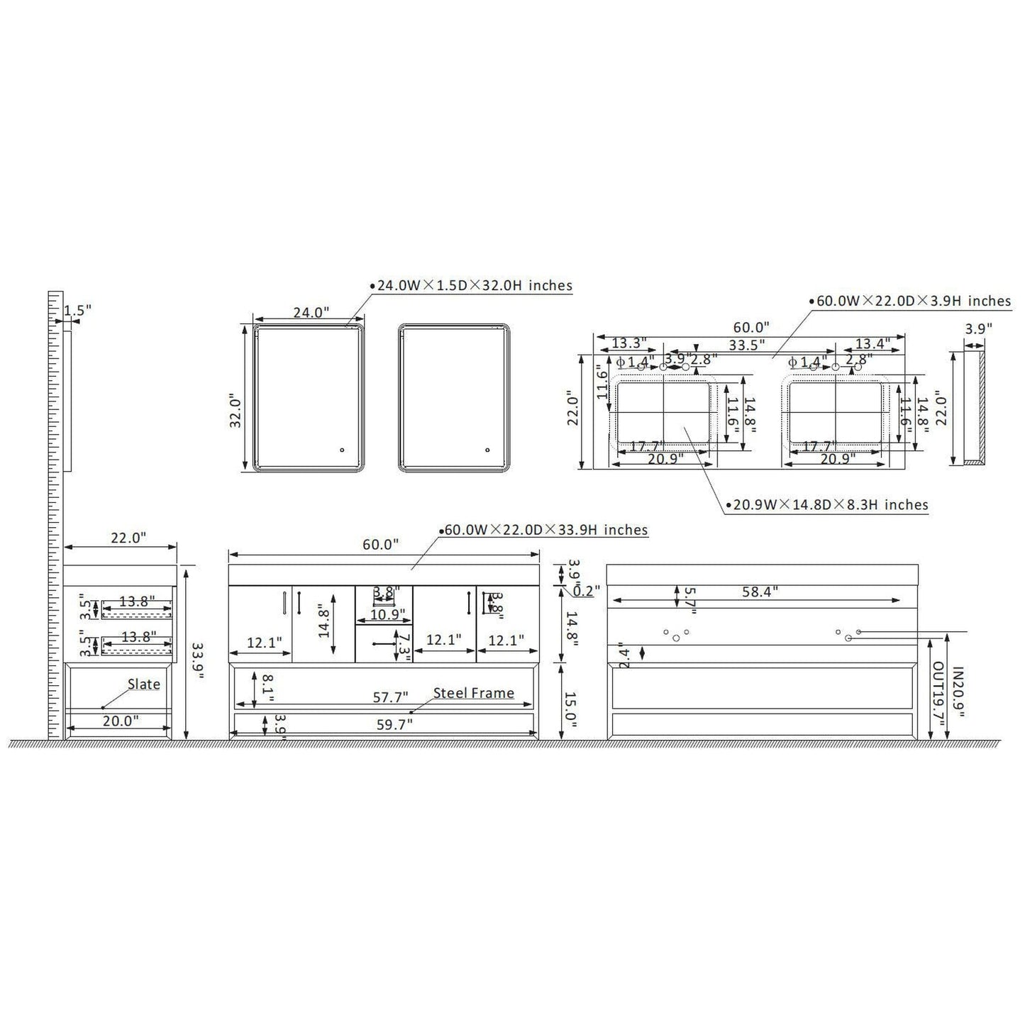 Vinnova Toledo 60" Double Sink Bath Vanity In Light Walnut Finish With White Sintered Stone Top And Mirror