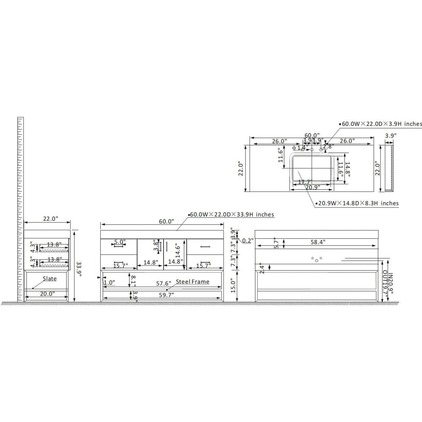 Vinnova Toledo 60" Single Sink Bath Vanity In Dark Walnut Finish With White Sintered Stone Top