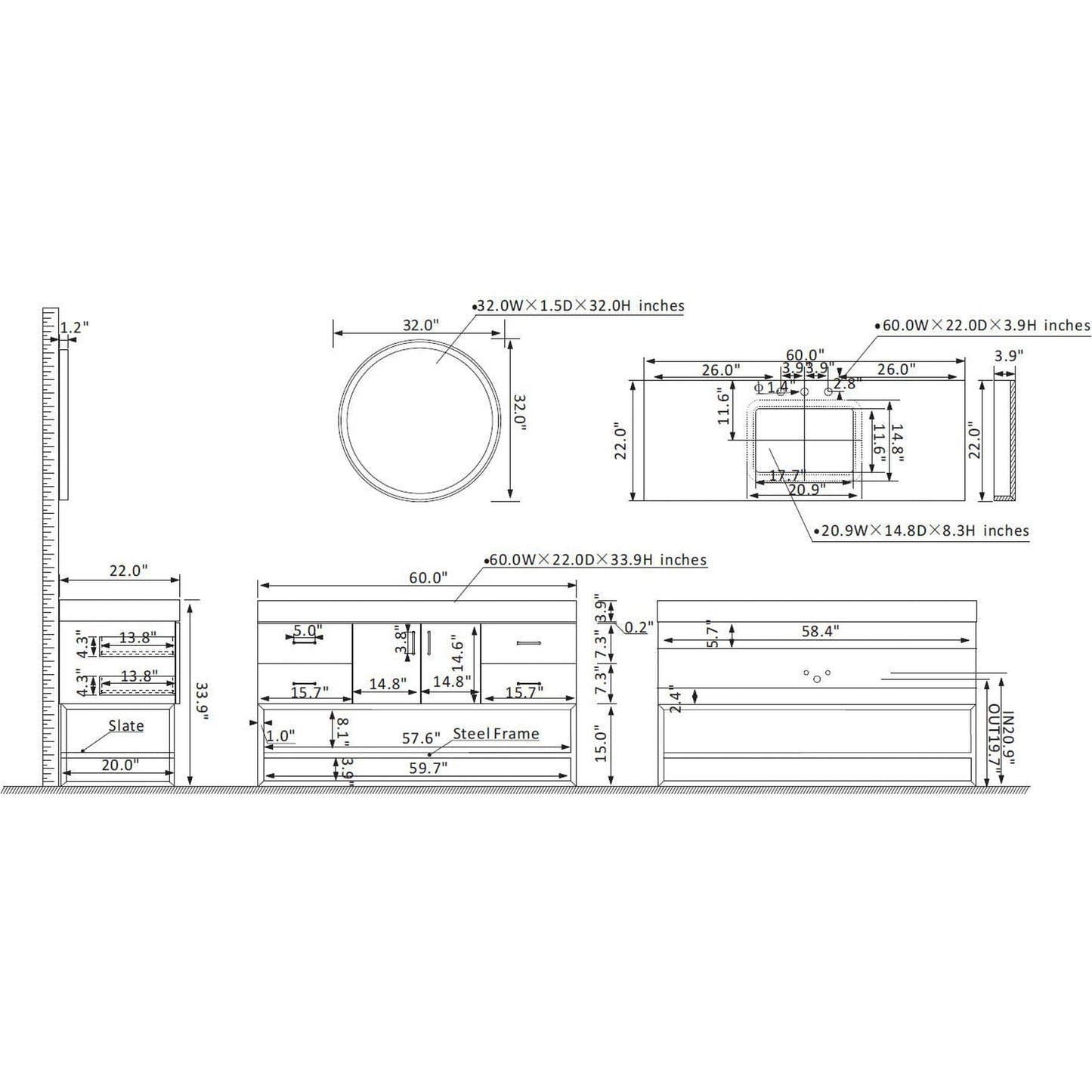 Vinnova Toledo 60" Single Sink Bath Vanity In Dark Walnut Finish With White Sintered Stone Top And Mirror