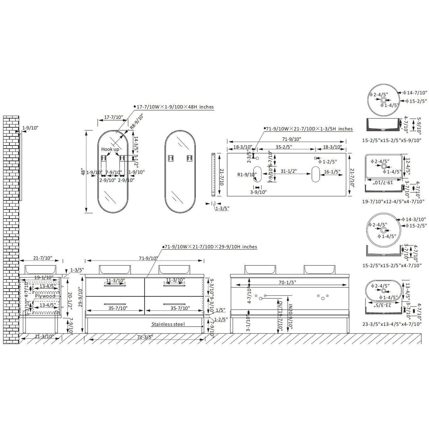 Vinnova Trento 72" Double Sink Bath Vanity In North American Oak With Black Sintered Stone Top With Natural Circular Concrete Sink