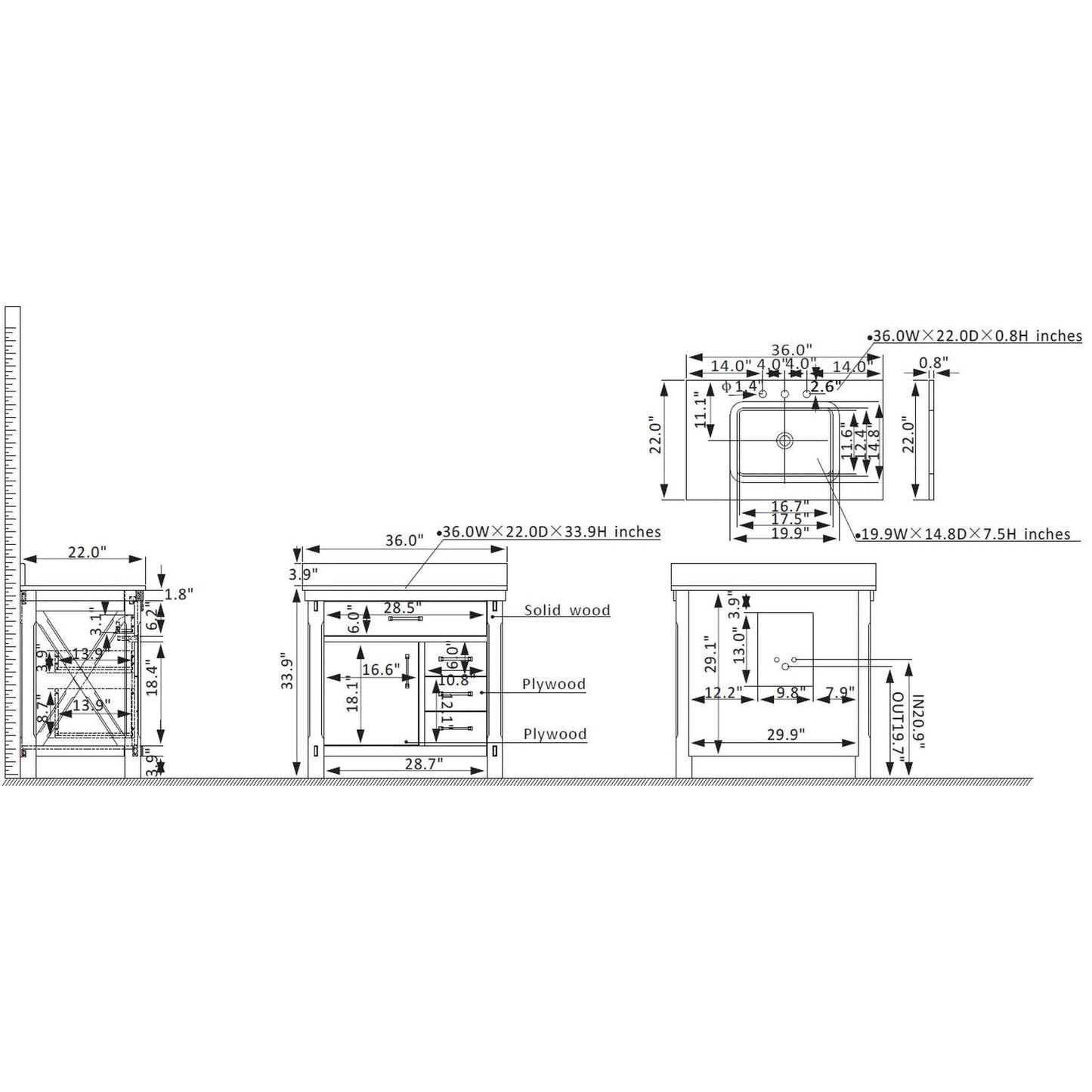 Vinnova Viella 36" Single Sink Bath Vanity In Rust Grey Finish With White Composite Countertop