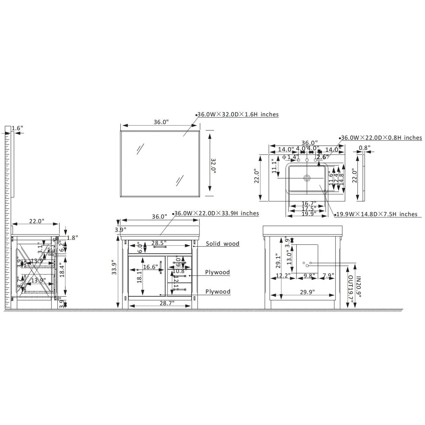 Vinnova Viella 36" Single Sink Bath Vanity In Rust Grey Finish With White Composite Countertop And Mirror