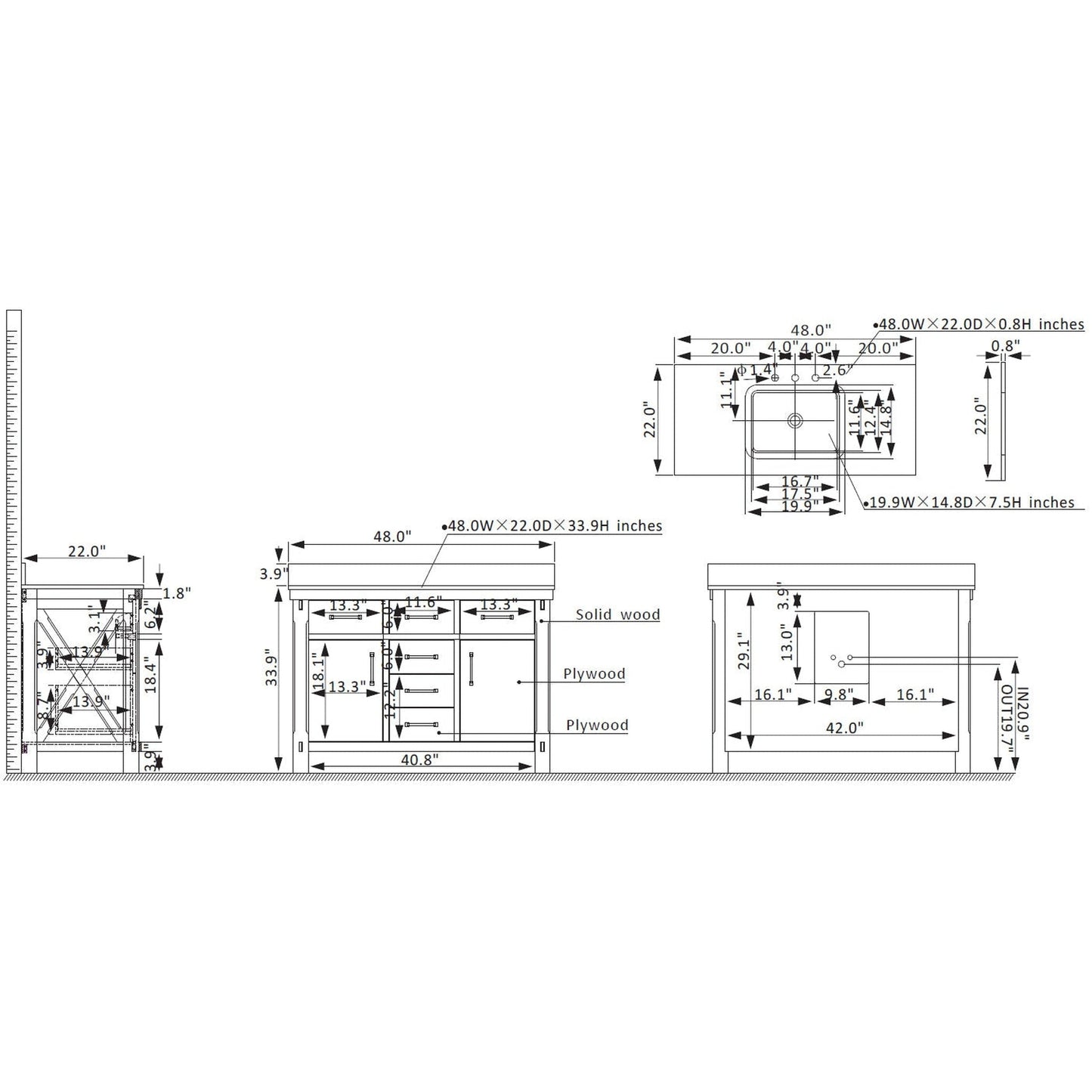 Vinnova Viella 48" Single Sink Bath Vanity In Deep Walnut Finish With White Composite Countertop