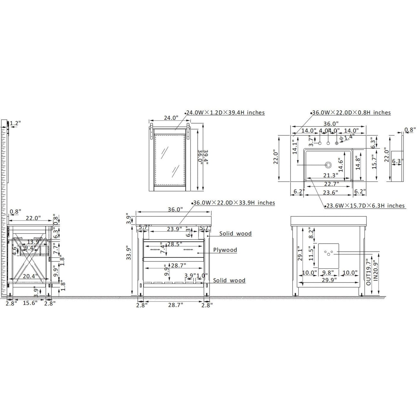 Vinnova Villareal 36" Single Bath Vanity In Weathered Pine With Composite Stone Top In White Finish And White Farmhouse Basin