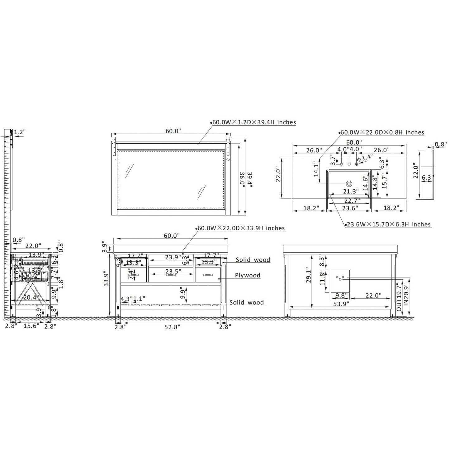 Vinnova Villareal 60" Single Bath Vanity In Classical Grey With Composite Stone Top In White Finish And White Farmhouse Basin And Mirror