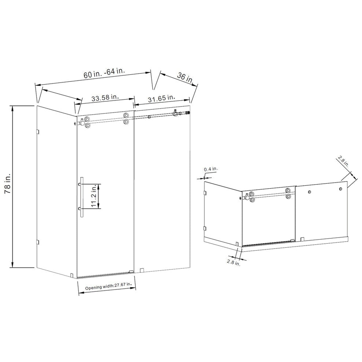 Vinnova Villena 64" x 78" Rectangle Single Sliding Frameless Shower Enclosure in Brushed Nickel Finish