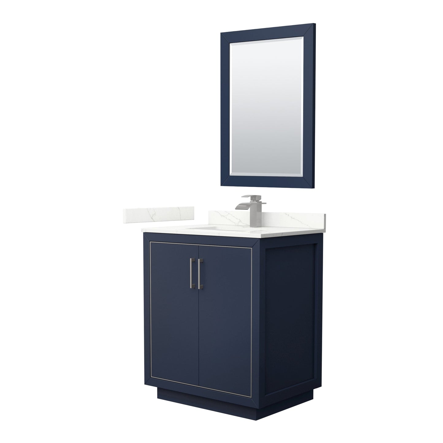 Wyndham Collection Icon 30" Single Bathroom Vanity in Dark Blue, Giotto Quartz Countertop, Undermount Square Sink (1-Hole), Brushed Nickel Trim, 24" Mirror