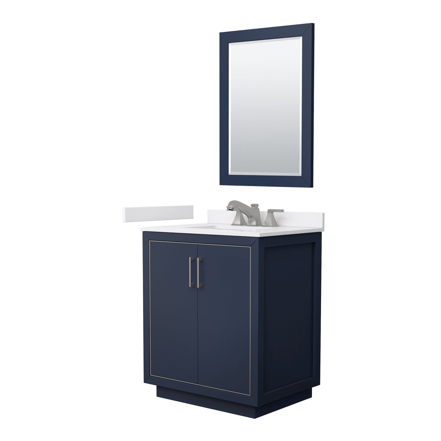 Wyndham Collection Icon 30" Single Bathroom Vanity in Dark Blue, White Cultured Marble Countertop, Undermount Square Sink (3-Hole), Brushed Nickel Trim, 24" Mirror