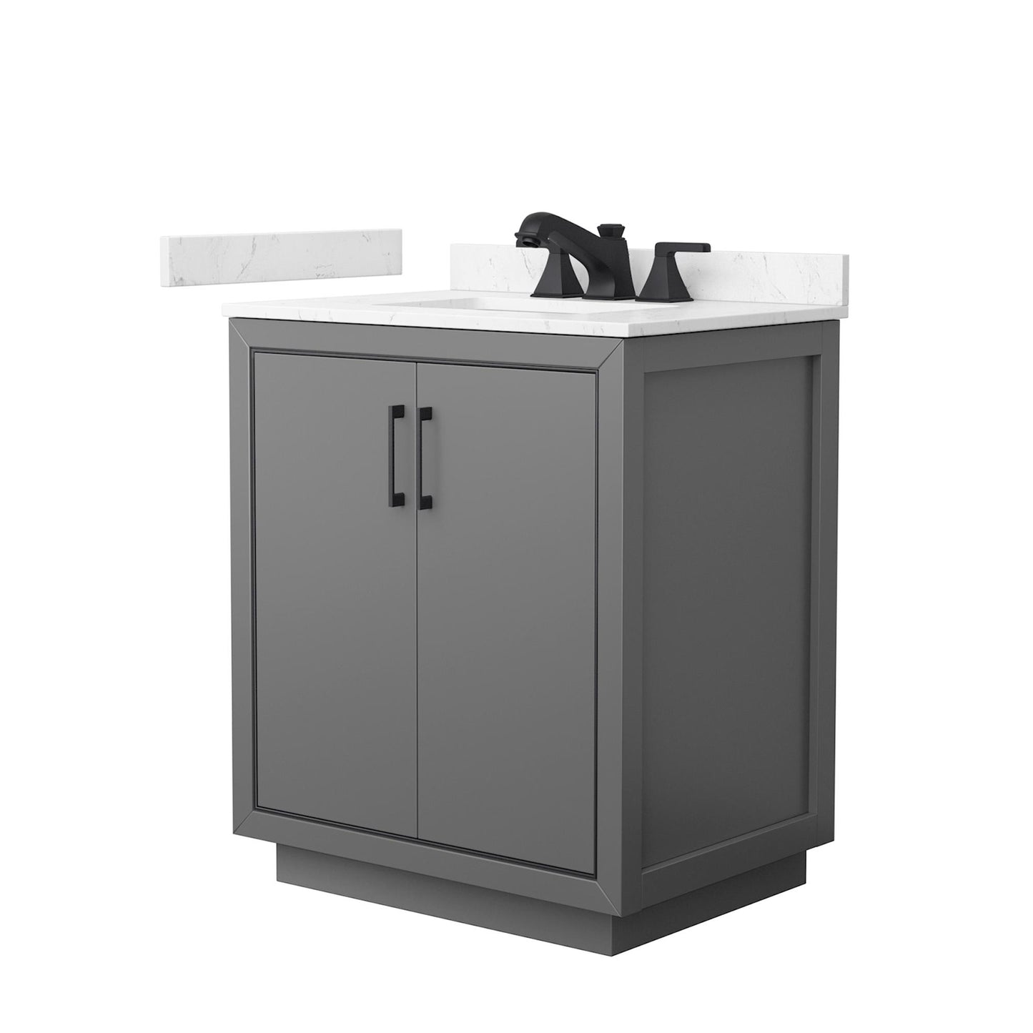 Wyndham Collection Icon 30" Single Bathroom Vanity in Dark Gray, Carrara Cultured Marble Countertop, Undermount Square Sink (3-Hole), Matte Black Trim