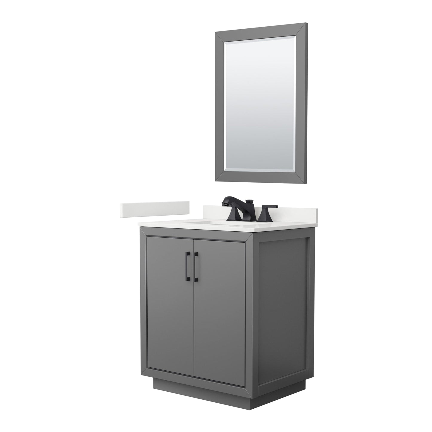 Wyndham Collection Icon 30" Single Bathroom Vanity in Dark Gray, White Quartz Countertop, Undermount Square Sink (3-Hole), Matte Black Trim, 24" Mirror