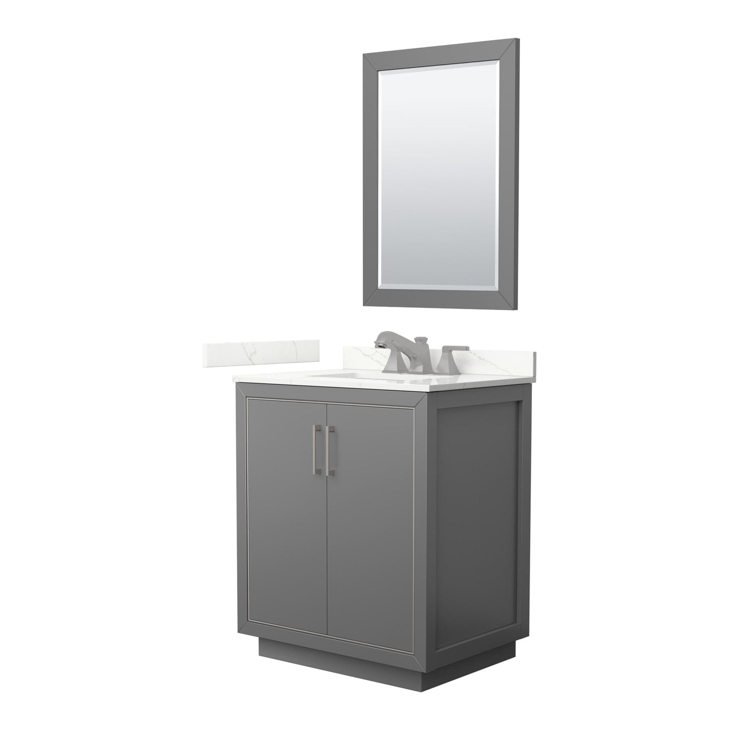 Wyndham Collection Icon 30" Single Bathroom Vanity in Dark Gray, Giotto Quartz Countertop, Undermount Square Sink (3-Hole), Brushed Nickel Trim, 24" Mirror
