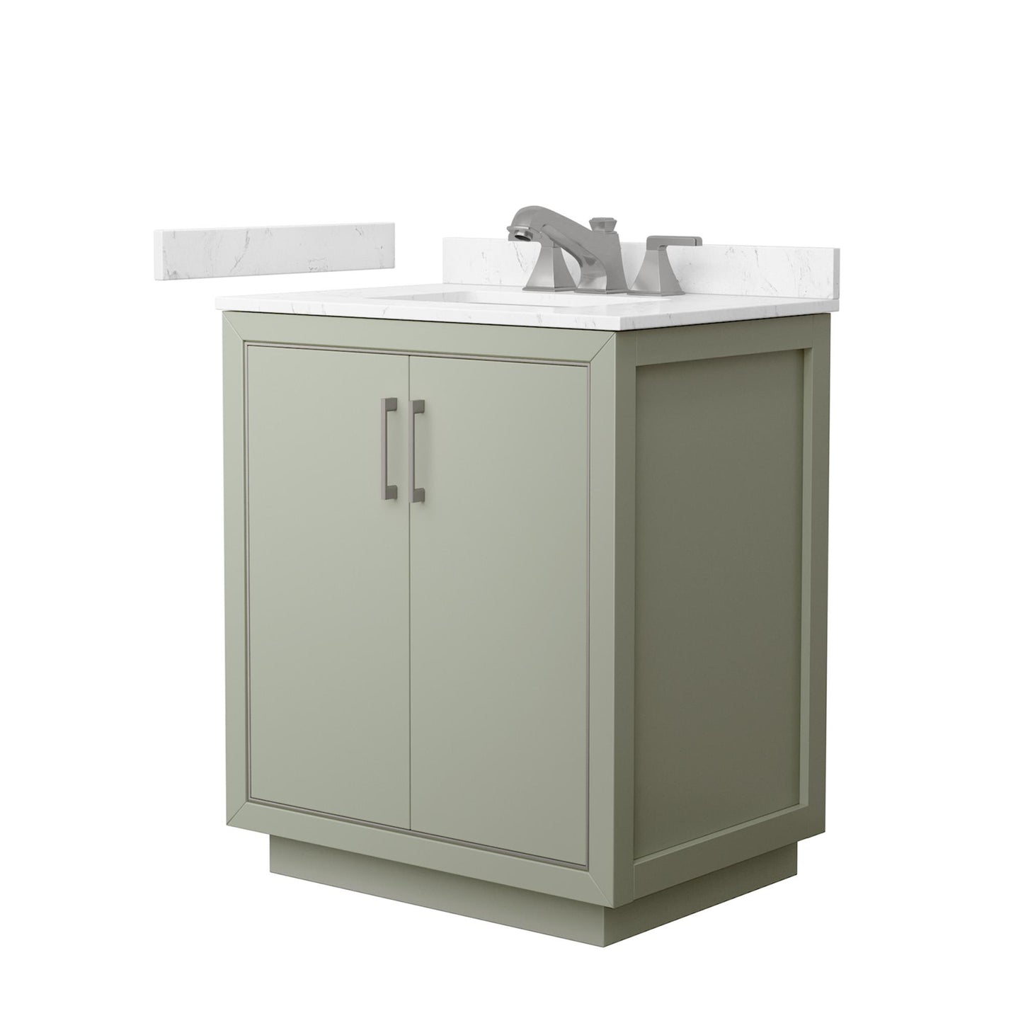 Wyndham Collection Icon 30" Single Bathroom Vanity in Light Green, Carrara Cultured Marble Countertop, Undermount Square Sink (3-Hole), Brushed Nickel Trim