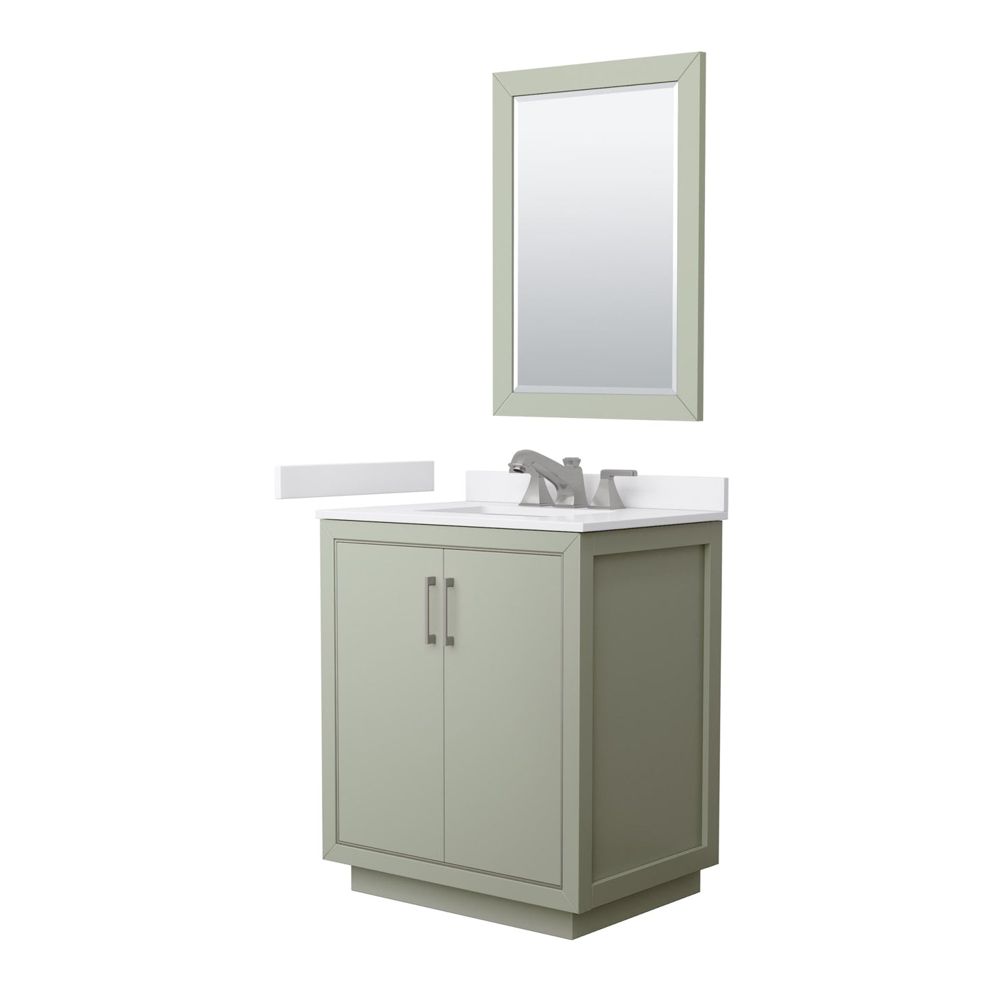 Wyndham Collection Icon 30" Single Bathroom Vanity in Light Green, White Cultured Marble Countertop, Undermount Square Sink (3-Hole), Brushed Nickel Trim, 24" Mirror