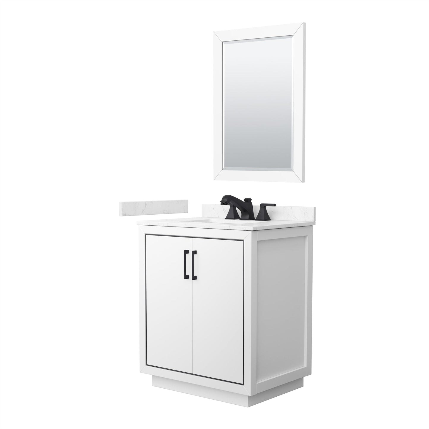 Wyndham Collection Icon 30" Single Bathroom Vanity in White, Carrara Cultured Marble Countertop, Undermount Square Sink (3-Hole), Matte Black Trim, 24" Mirror