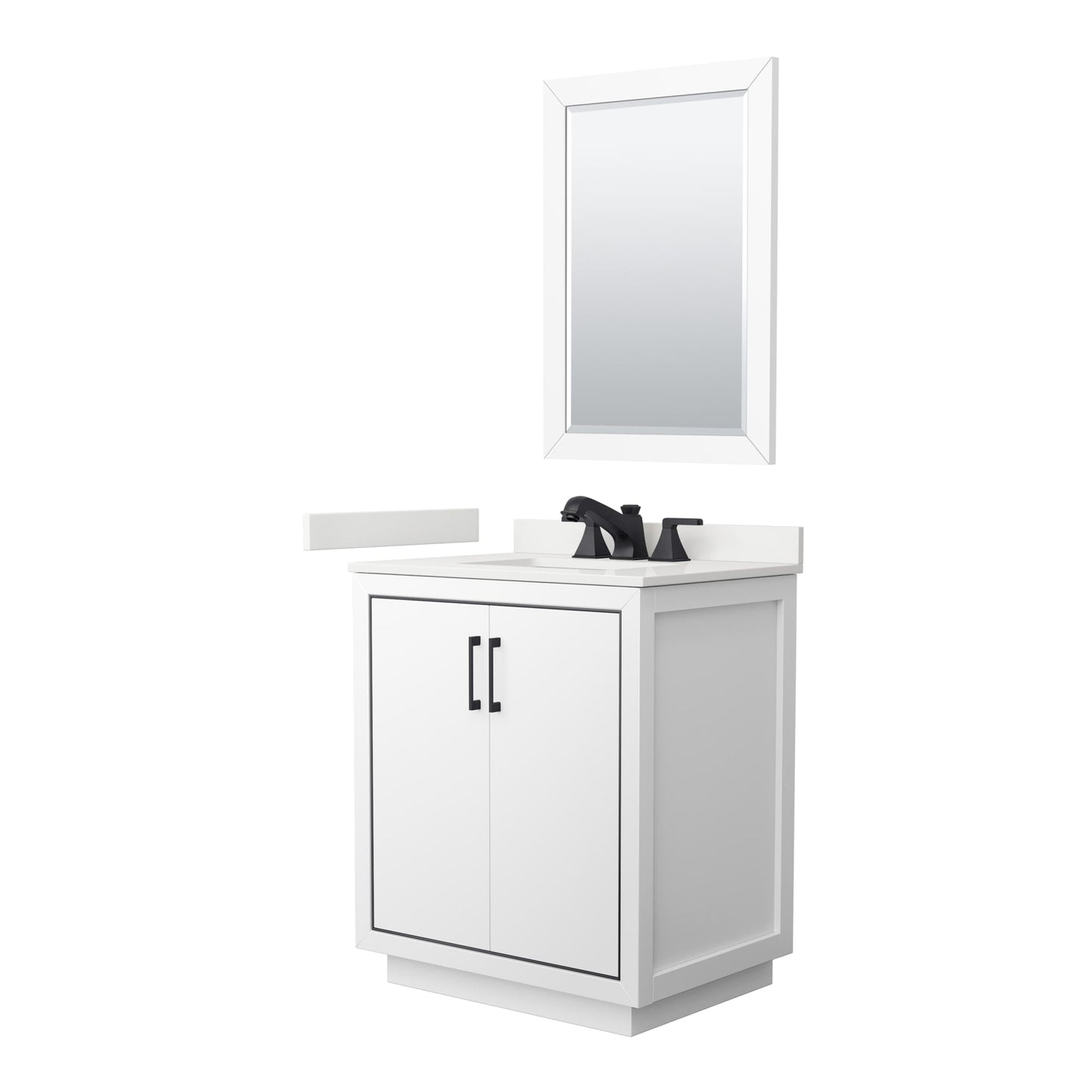 Wyndham Collection Icon 30" Single Bathroom Vanity in White, White Quartz Countertop, Undermount Square Sink (3-Hole), Matte Black Trim, 24" Mirror