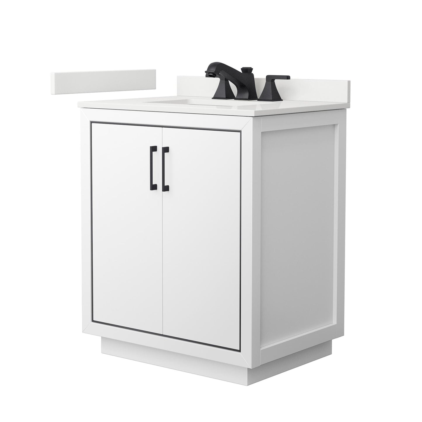 Wyndham Collection Icon 30" Single Bathroom Vanity in White, White Quartz Countertop, Undermount Square Sink (3-Hole), Matte Black Trim