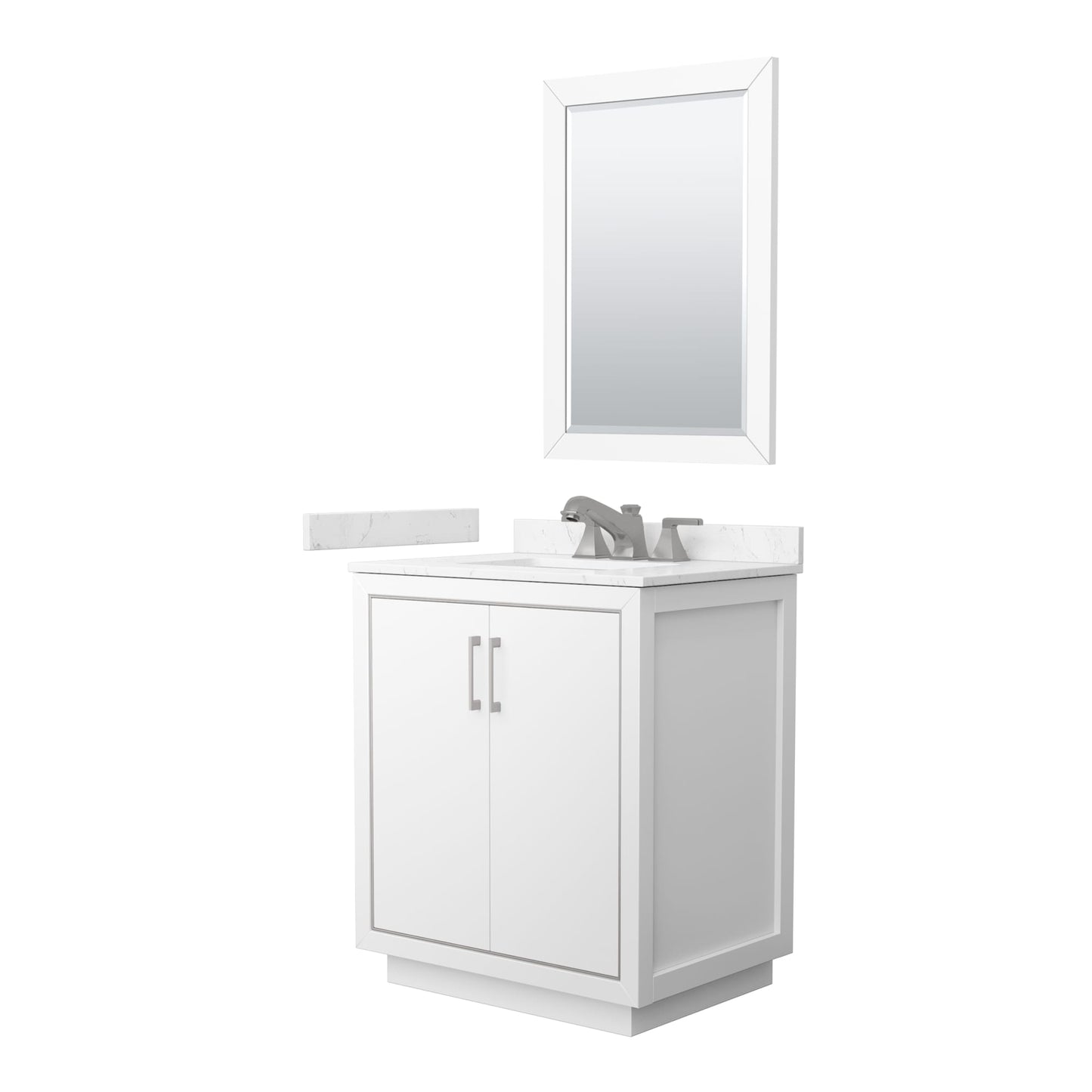 Wyndham Collection Icon 30" Single Bathroom Vanity in White, Carrara Cultured Marble Countertop, Undermount Square Sink (3-Hole), Brushed Nickel Trim, 24" Mirror