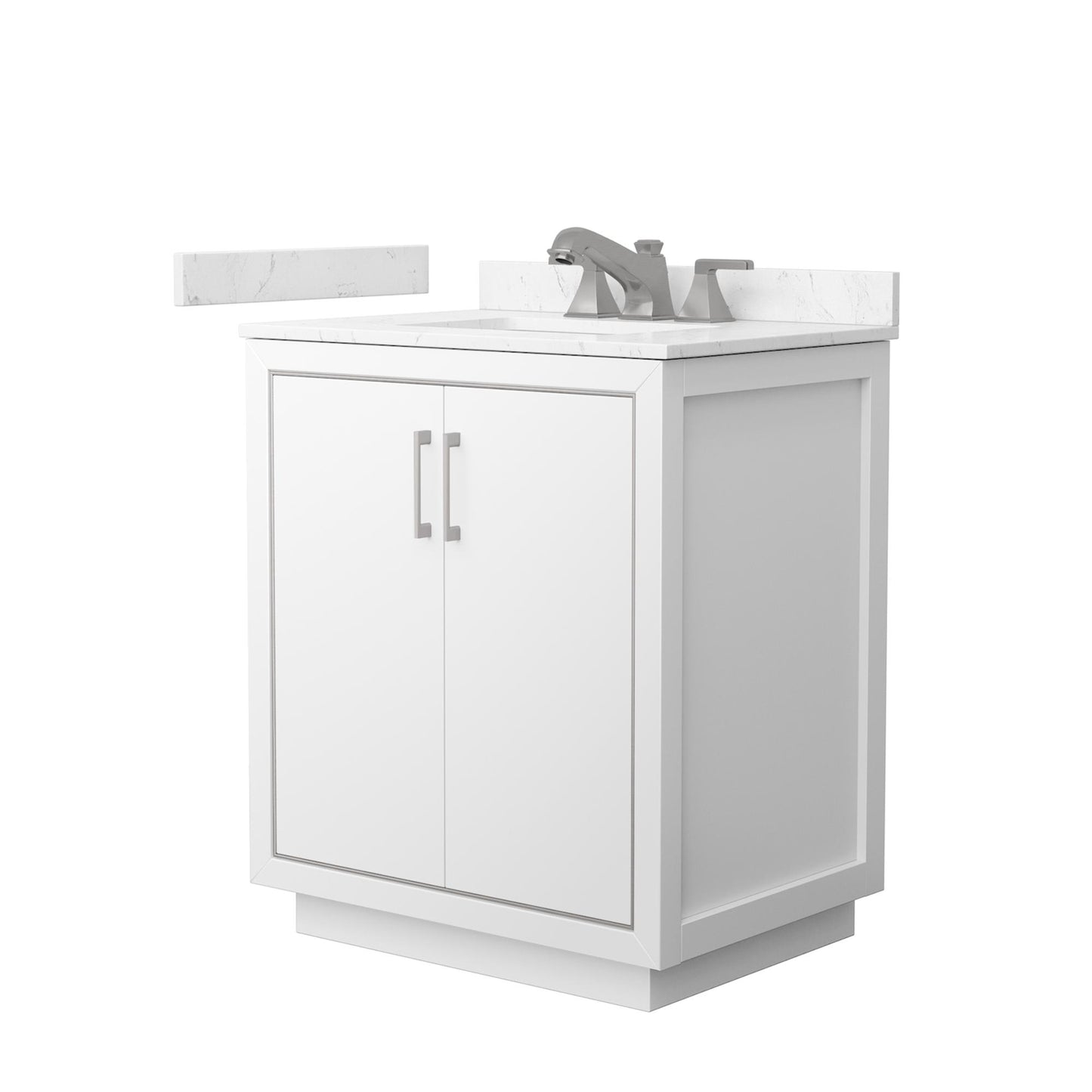 Wyndham Collection Icon 30" Single Bathroom Vanity in White, Carrara Cultured Marble Countertop, Undermount Square Sink (3-Hole), Brushed Nickel Trim