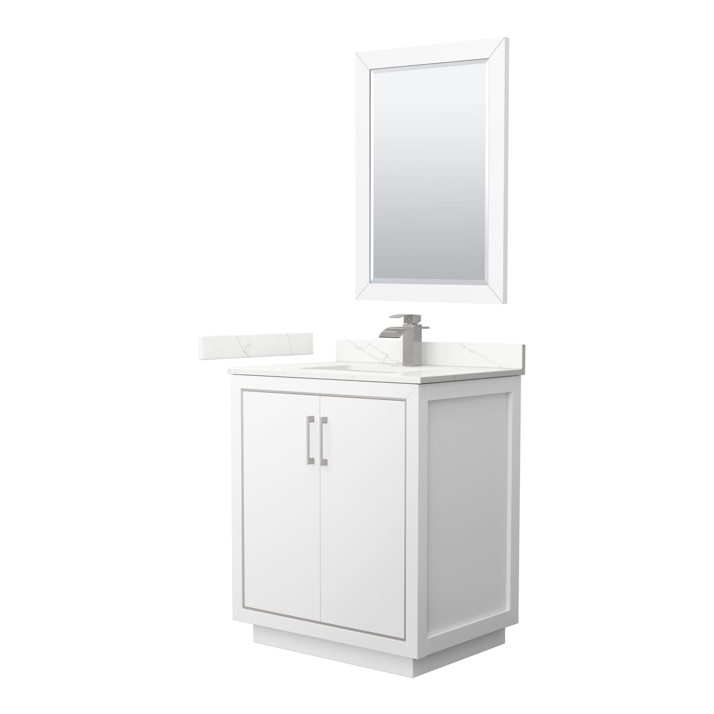 Wyndham Collection Icon 30" Single Bathroom Vanity in White, Giotto Quartz Countertop, Undermount Square Sink (1-Hole), Brushed Nickel Trim, 24" Mirror