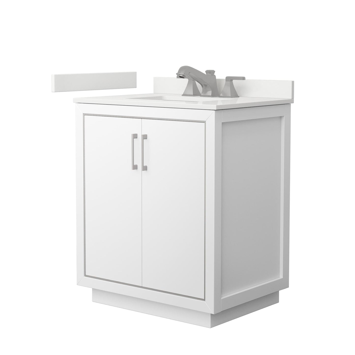 Wyndham Collection Icon 30" Single Bathroom Vanity in White, White Quartz Countertop, Undermount Square Sink (3-Hole), Brushed Nickel Trim