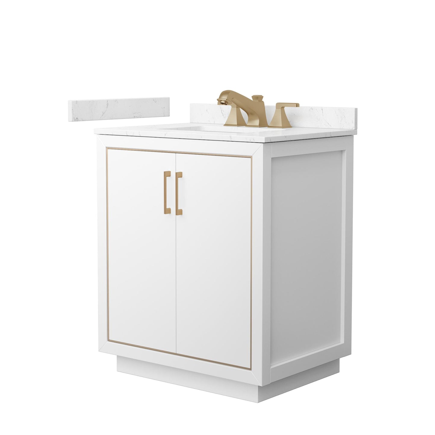 Wyndham Collection Icon 30" Single Bathroom Vanity in White, Carrara Cultured Marble Countertop, Undermount Square Sink (3-Hole), Satin Bronze Trim