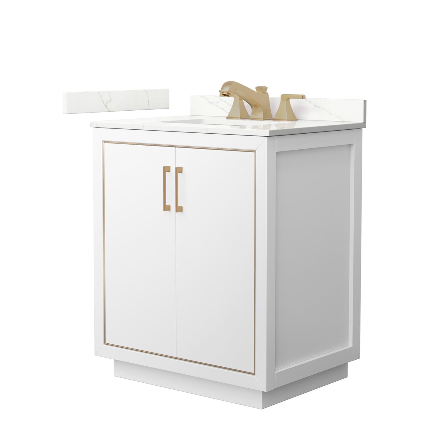 Wyndham Collection Icon 30" Single Bathroom Vanity in White, Giotto Quartz Countertop, Undermount Square Sink (3-Hole), Satin Bronze Trim