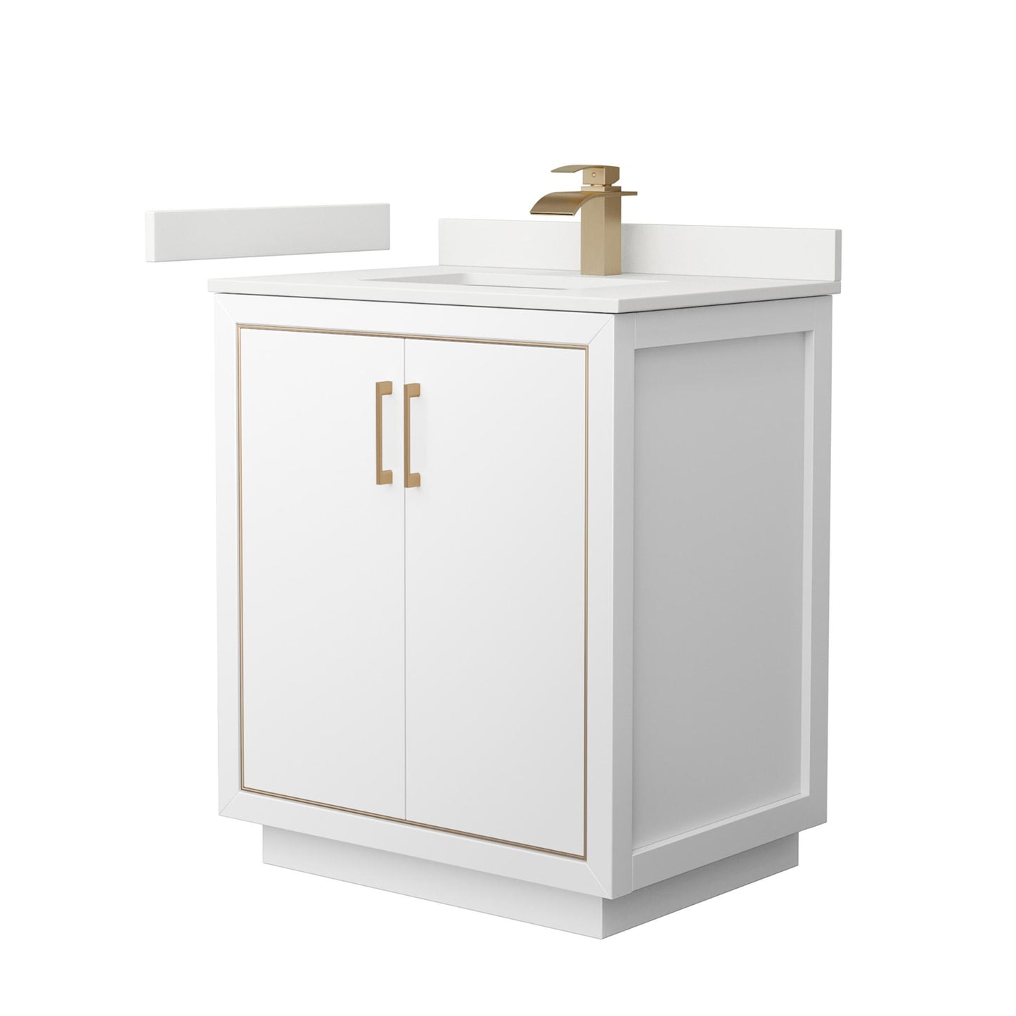 Wyndham Collection Icon 30" Single Bathroom Vanity in White, White Quartz Countertop, Undermount Square Sink (1-Hole), Satin Bronze Trim