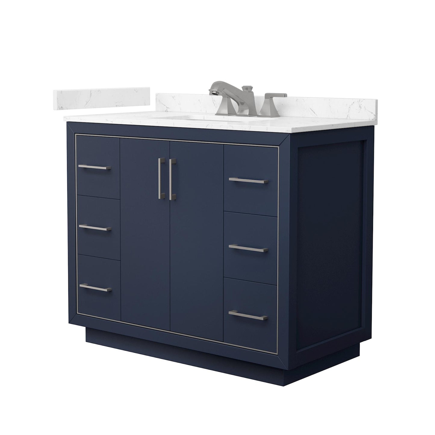 Wyndham Collection Icon 42" Single Bathroom Vanity in Dark Blue, Carrara Cultured Marble Countertop, Undermount Square Sink (3-Hole), Brushed Nickel Trim