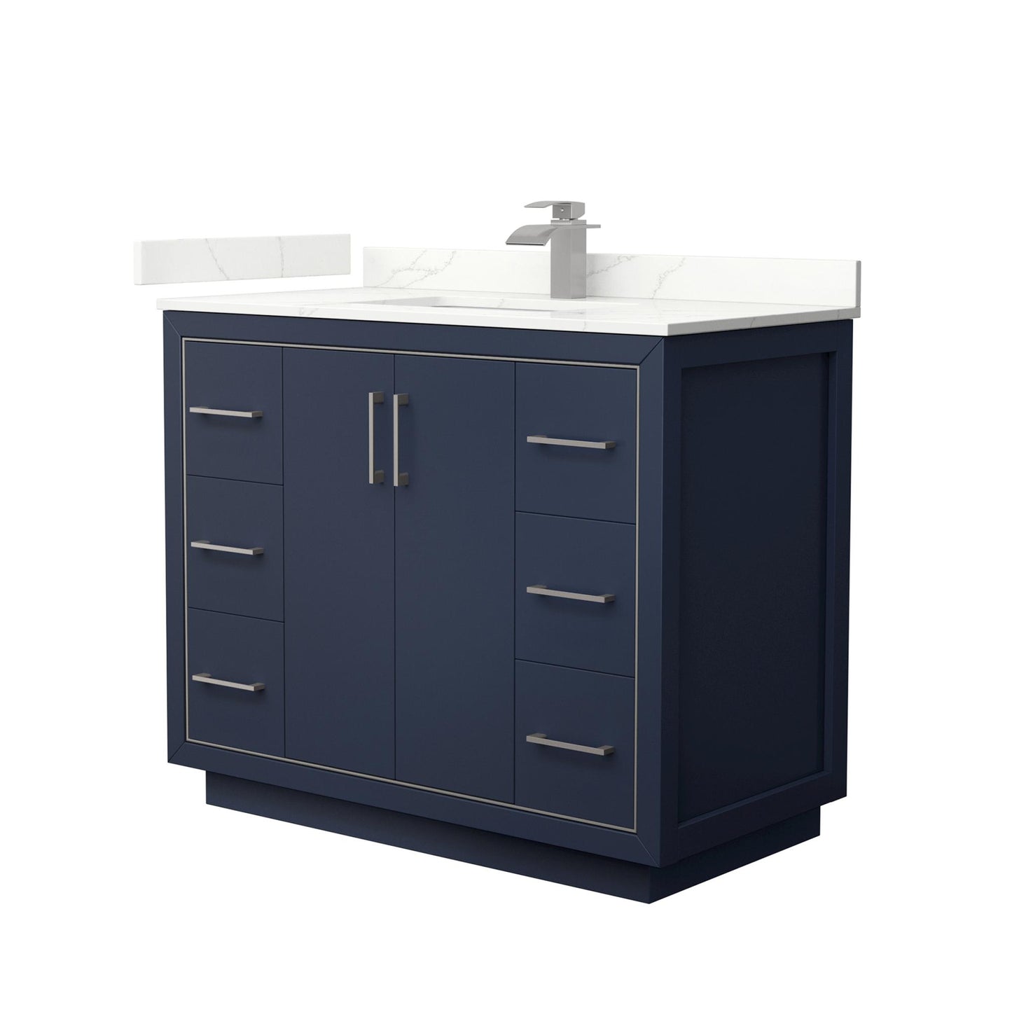 Wyndham Collection Icon 42" Single Bathroom Vanity in Dark Blue, Giotto Quartz Countertop, Undermount Square Sink (1-Hole), Brushed Nickel Trim