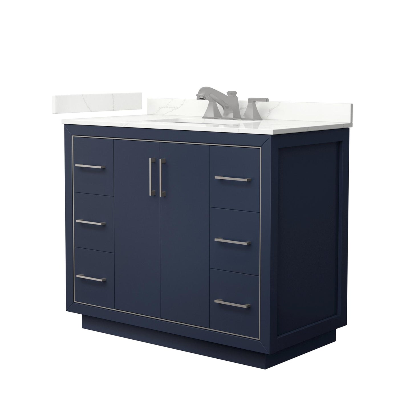 Wyndham Collection Icon 42" Single Bathroom Vanity in Dark Blue, Giotto Quartz Countertop, Undermount Square Sink (3-Hole), Brushed Nickel Trim